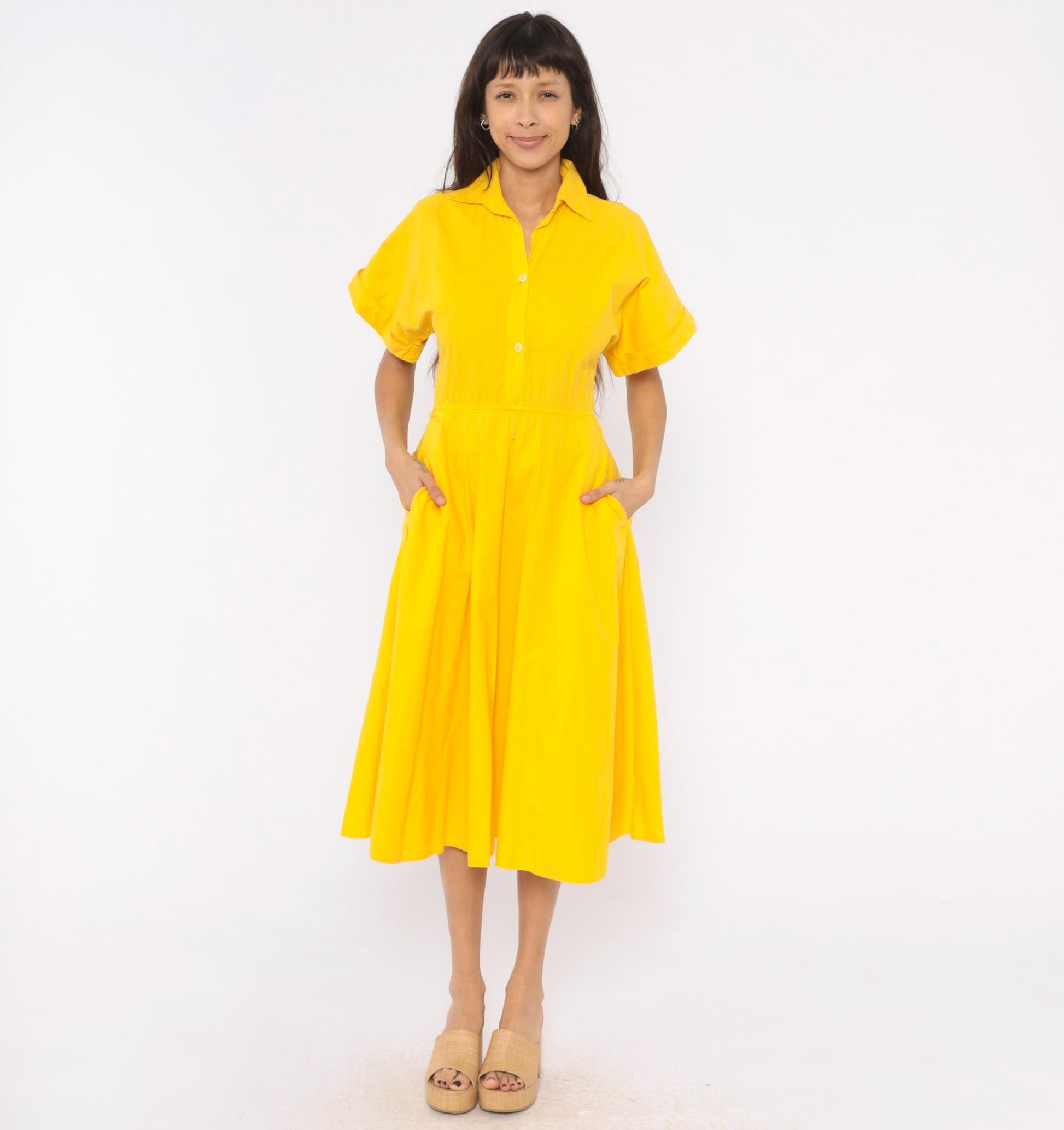 80s Laine Yellow Cotton Shirtdress Midi Collar Pockets Extra Small XS
