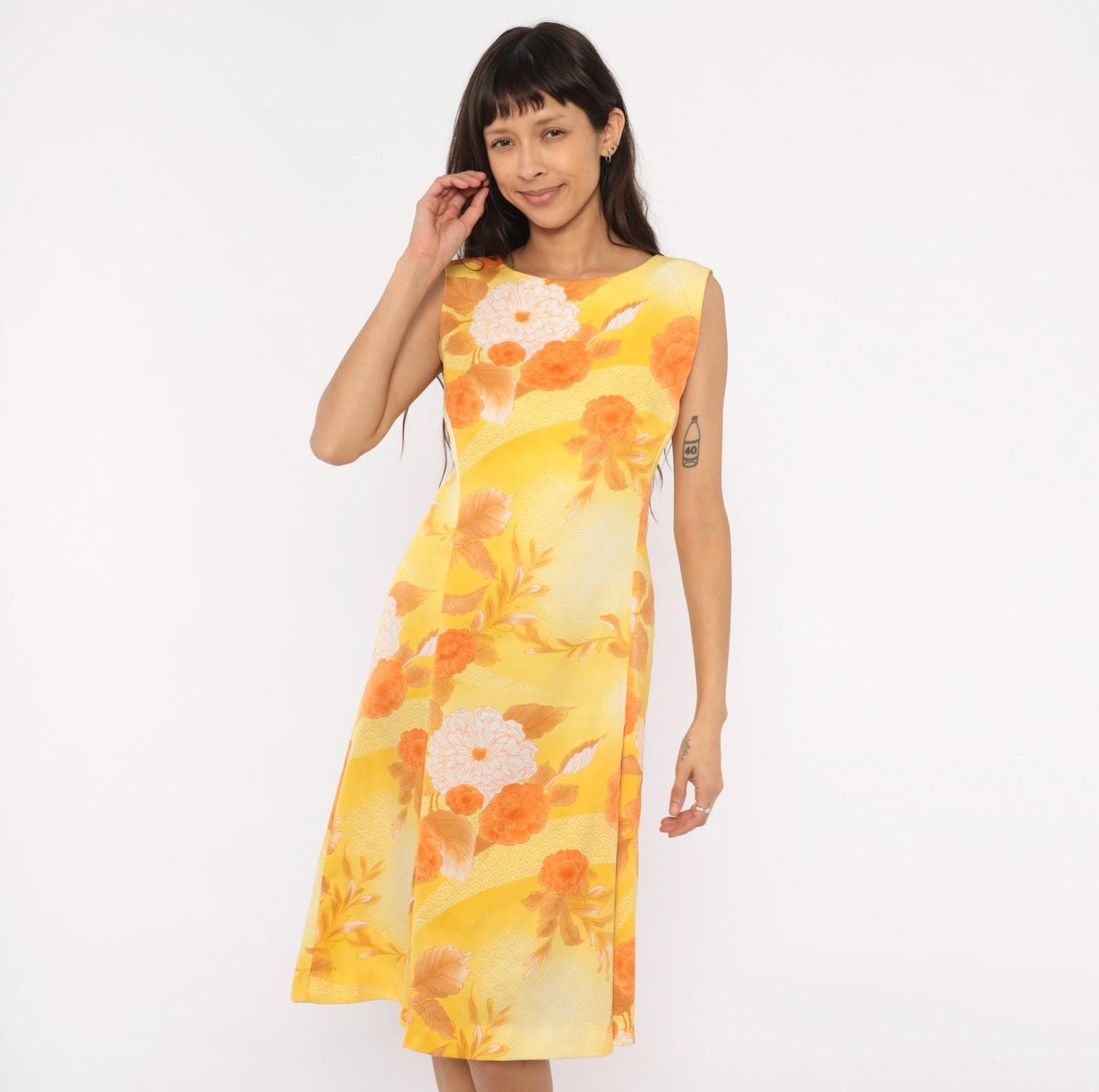 1970s Polynesian Casuals Floral Dress Yellow Orange Peony Knee-Length Small