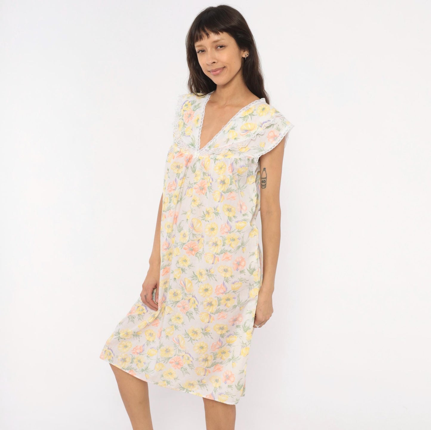 80s Floral Anemone Cotton Nightgown White Lace V-Neck Knee Length Medium M