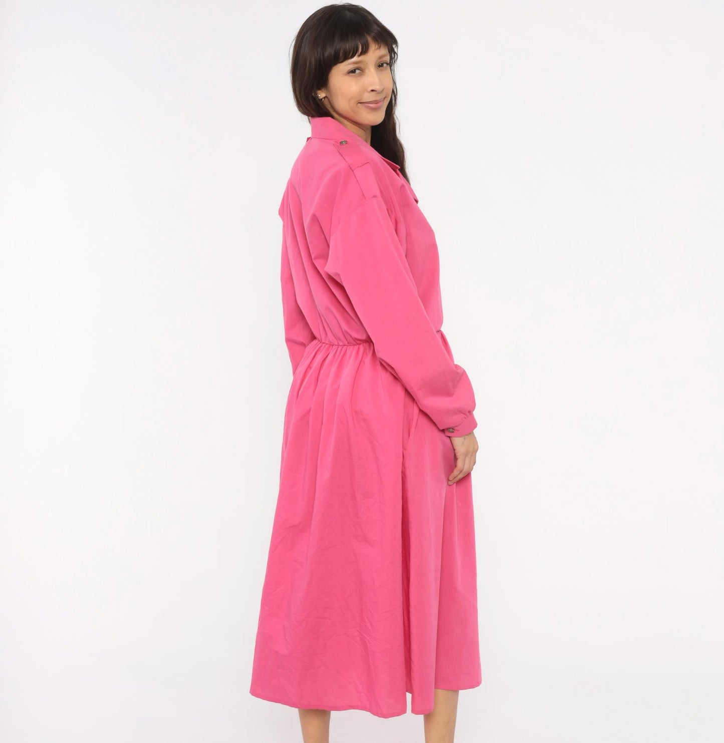 80s Hot Pink Shirtdress Midi Gathered Waist Balloon Sleeve Epaulette Large L
