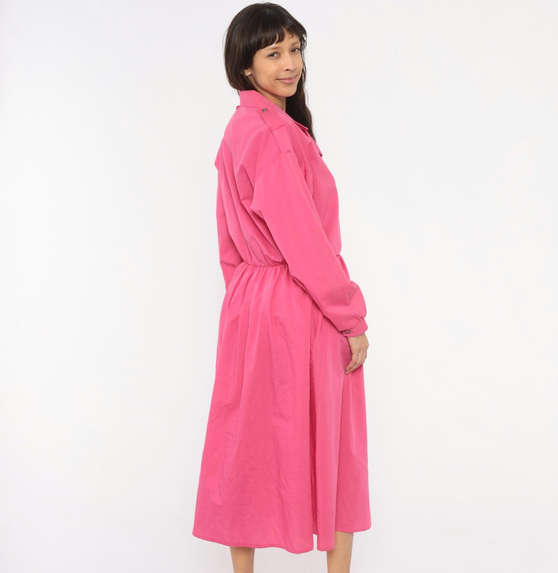 80s Hot Pink Shirtdress Midi Gathered Waist Balloon Sleeve Epaulette Large L