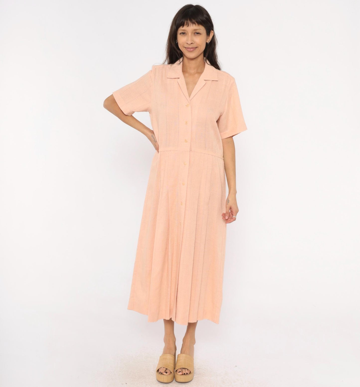 80s Peach Cotton Maxi Shirtdress Camp Collar Pleated Prairie Large L
