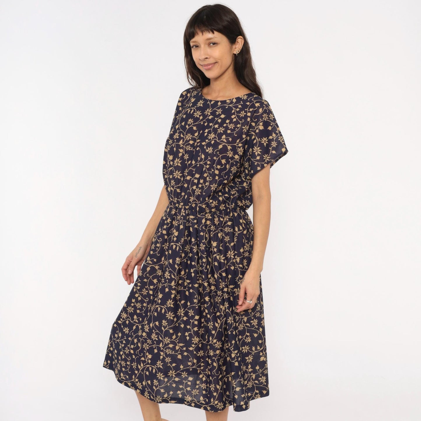 80s Navy Tan Floral Vine Midi Dress Gathered Waist Keyhole Back Extra Large