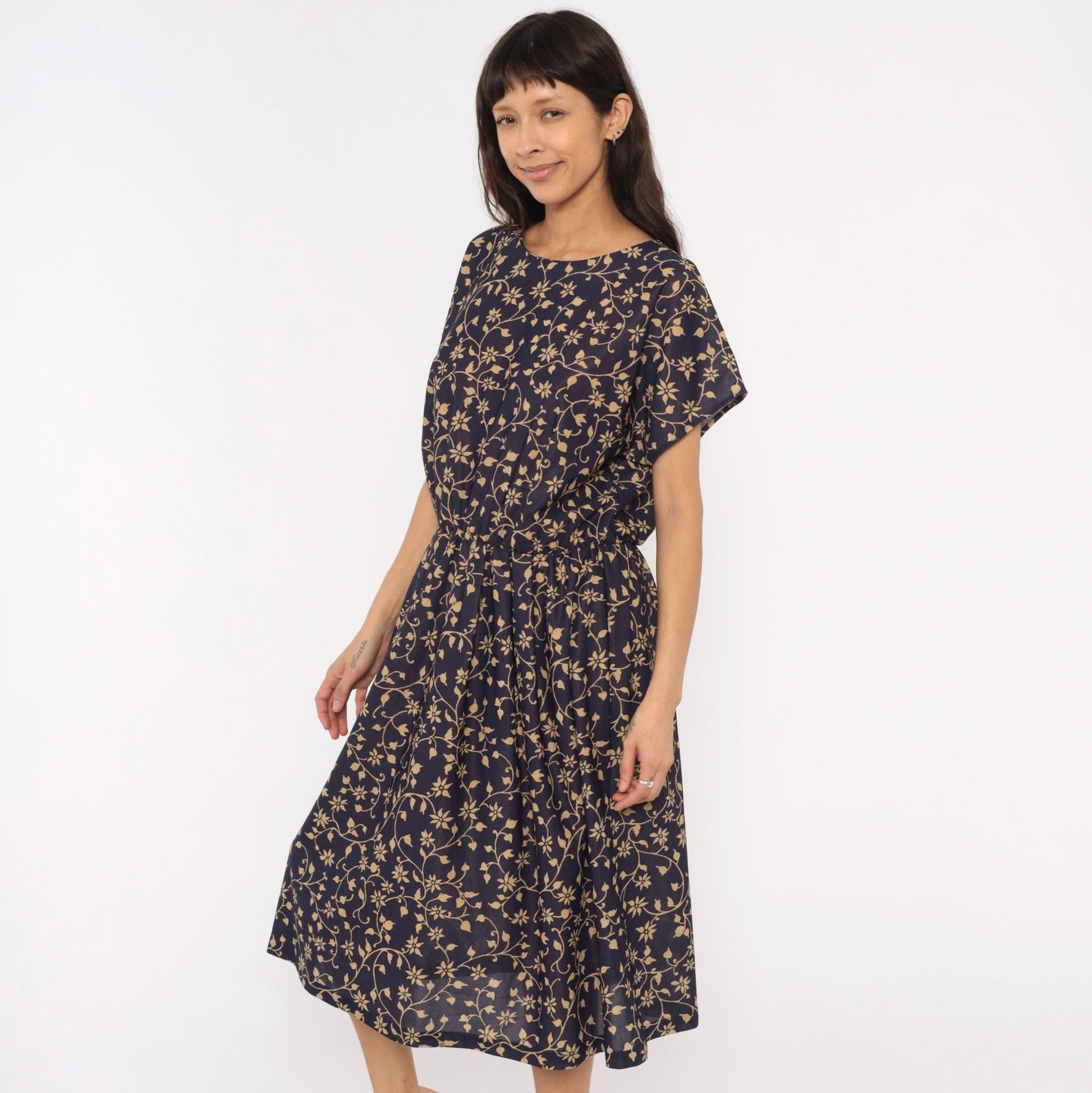 80s Navy Tan Floral Vine Midi Dress Gathered Waist Keyhole Back Extra Large
