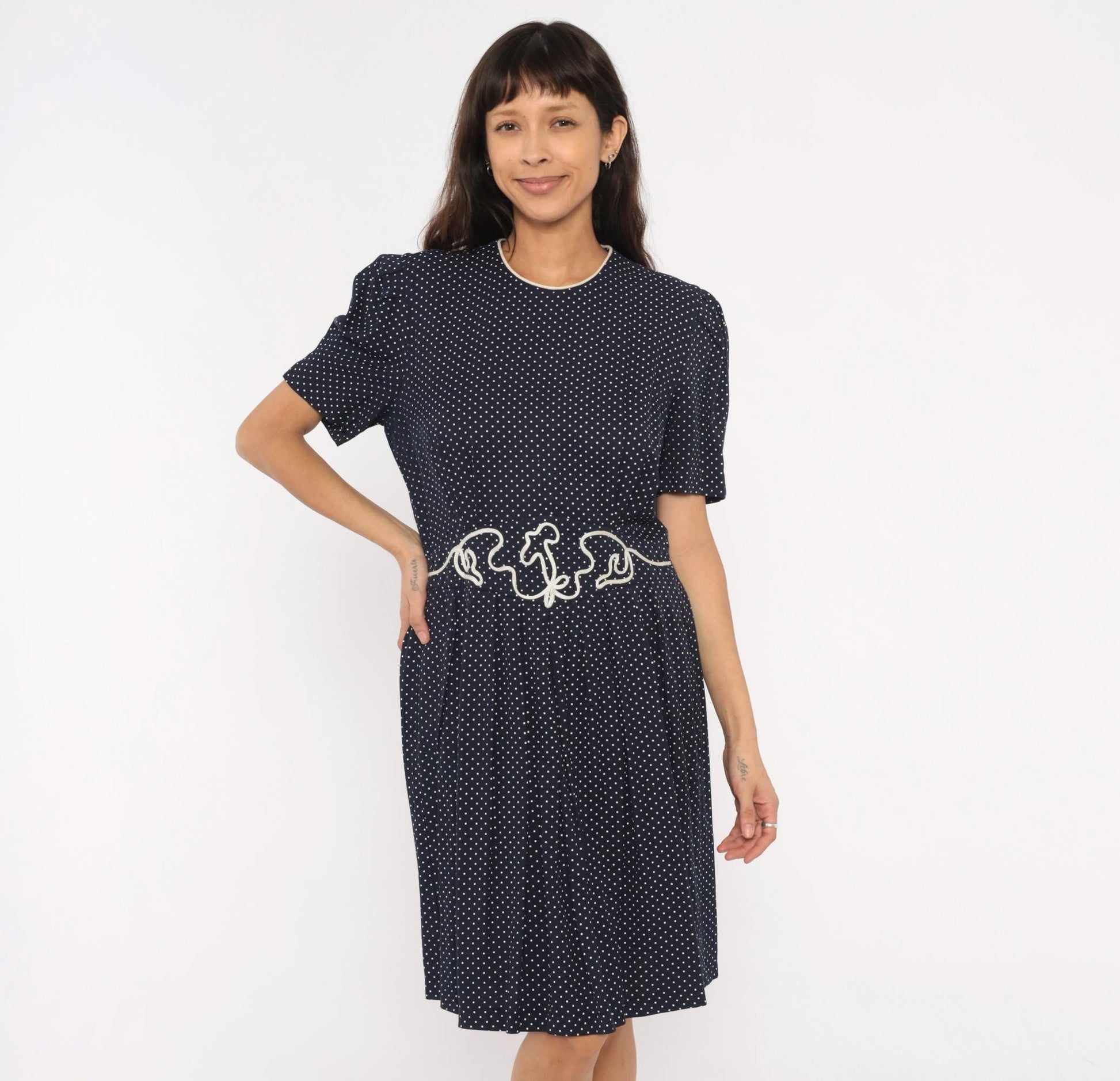 80s Miss Dorby Navy Polka Dot Dress Puff Sleeve Soutache Braid Waist Large L