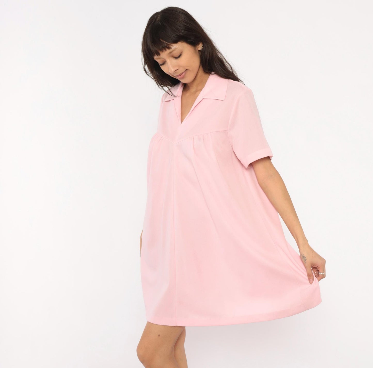 70s Baby Pink Babydoll Dress V Neck Gathered Bust A Line Knee Length Extra Large