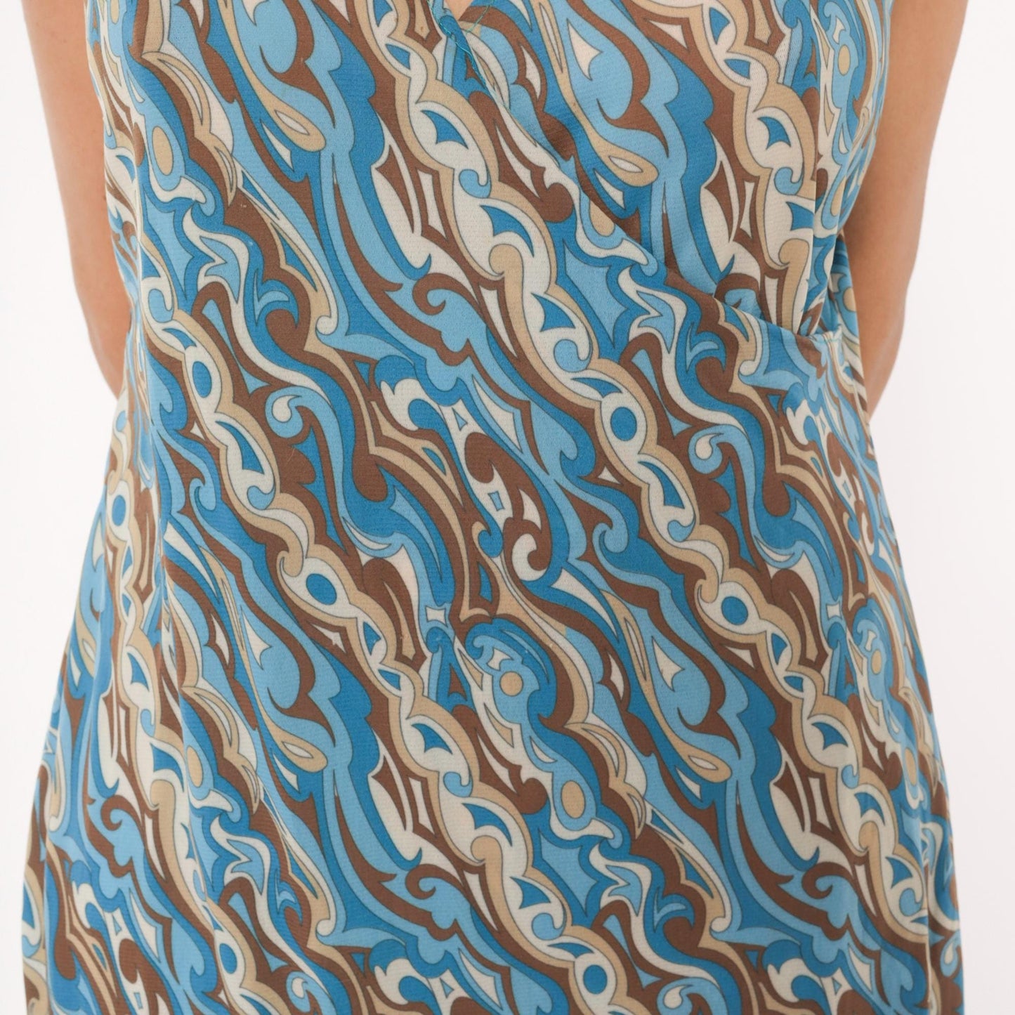 2000s Abstract Swirl Shift Dress V Neck Knee Length Blue Brown Tan Extra Large