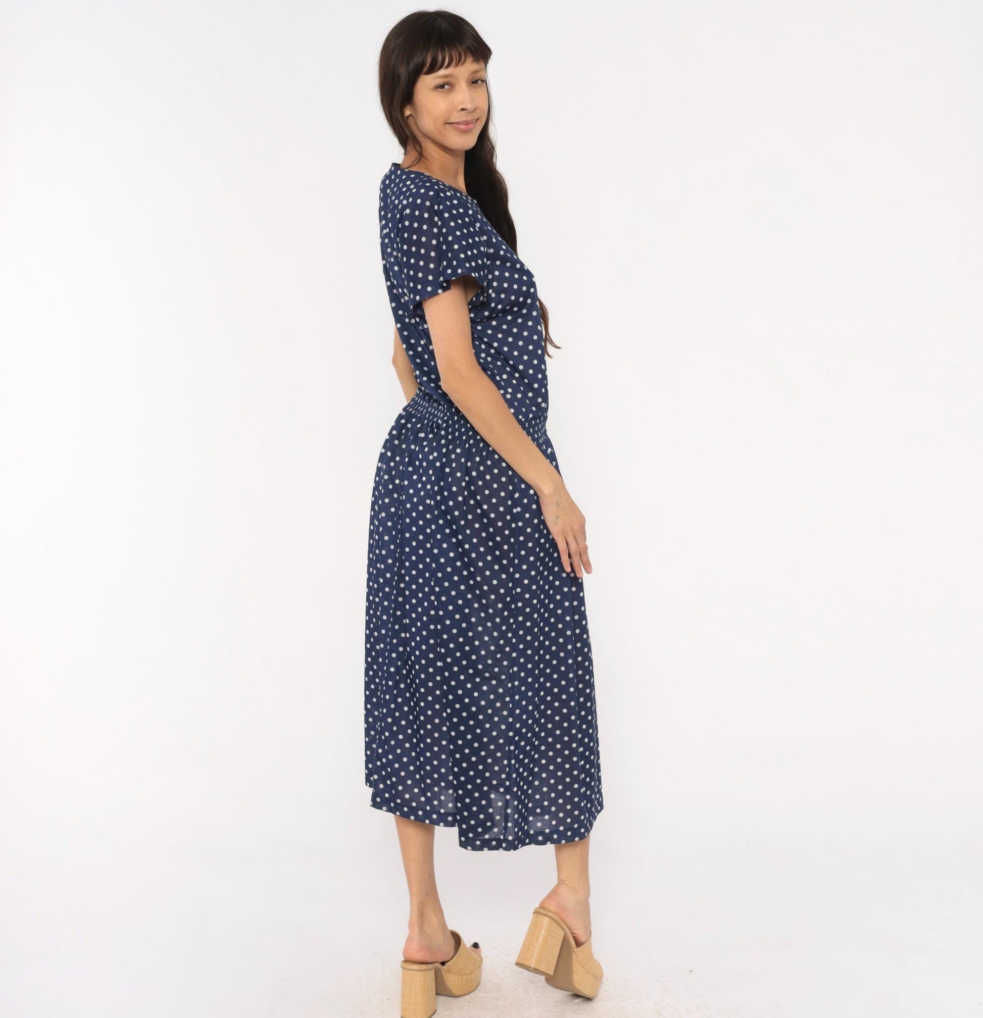 80s Darian Navy White Polka Dot Midi Dress Elastic Waist Short Sleeve Extra Large XL