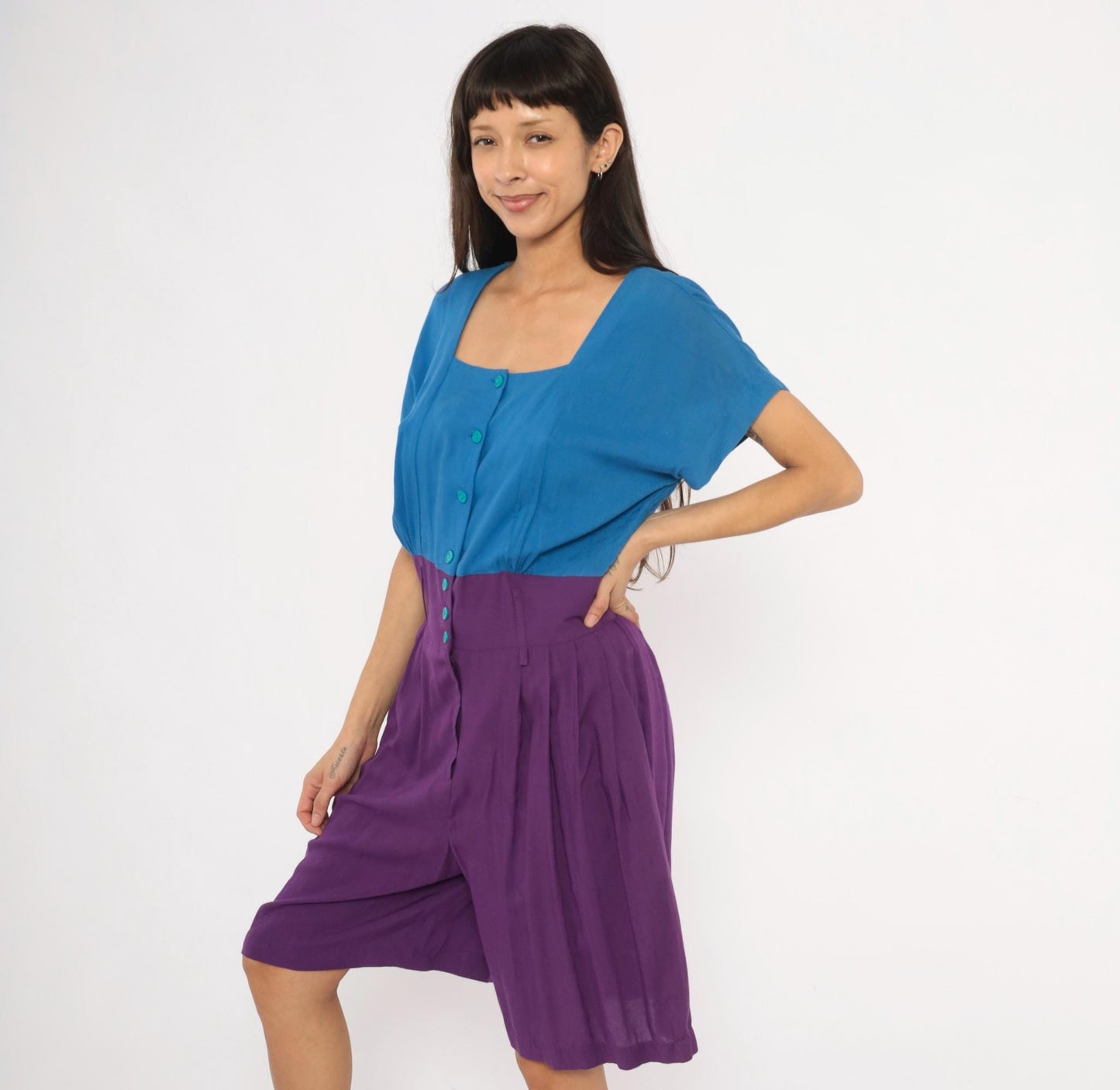 90s Rabbit Jr Color Block Romper Cobalt Blue Plum Purple Medium M