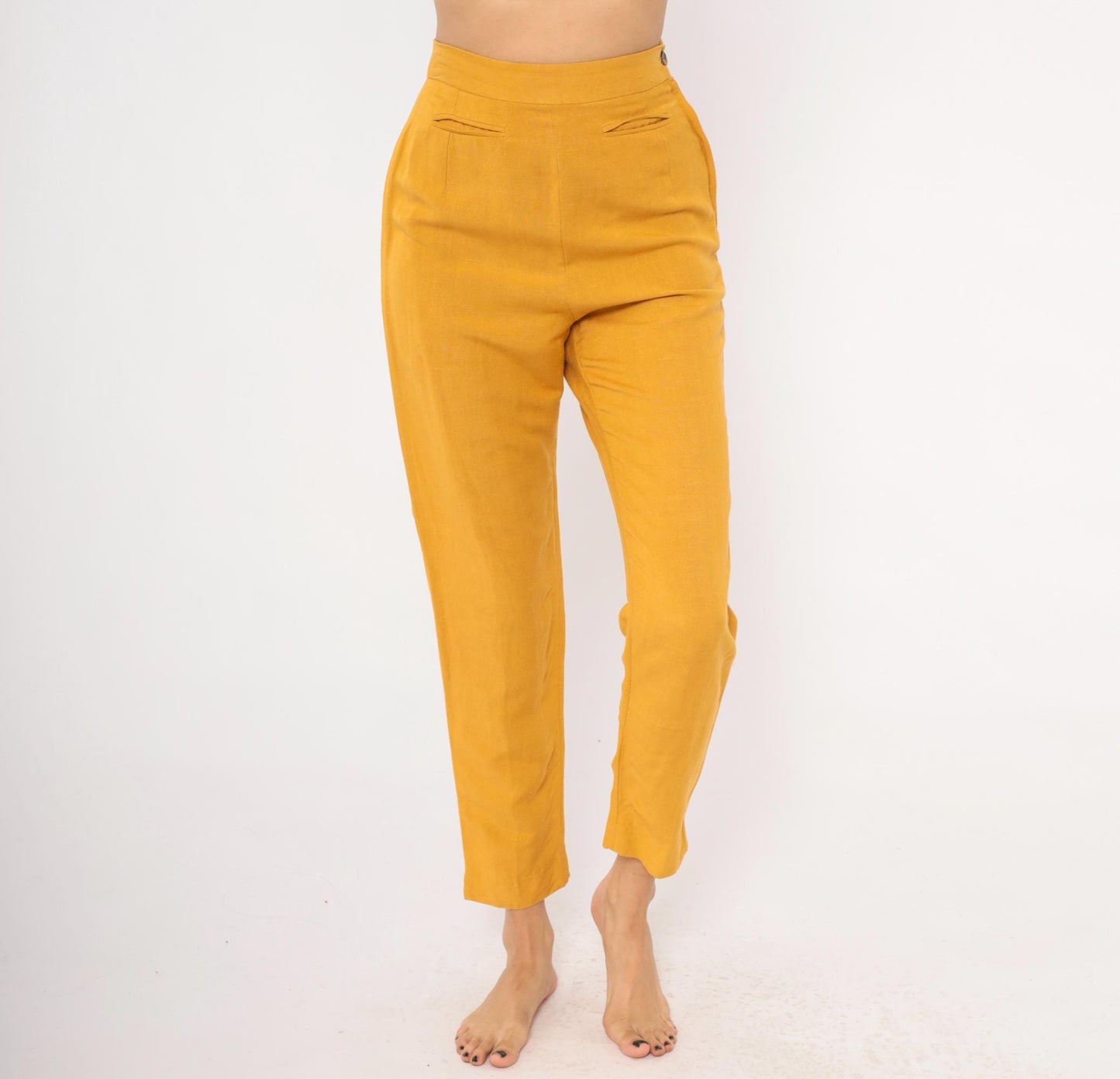 90s Sāke Mustard Linen High-Waist Tapered Trousers Extra Small XS
