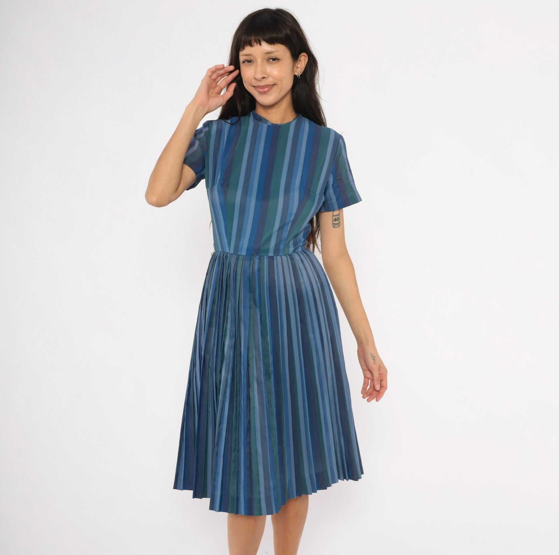 60s Stacy Ames Striped Pleated Midi Dress Navy Teal Crew Neck Small