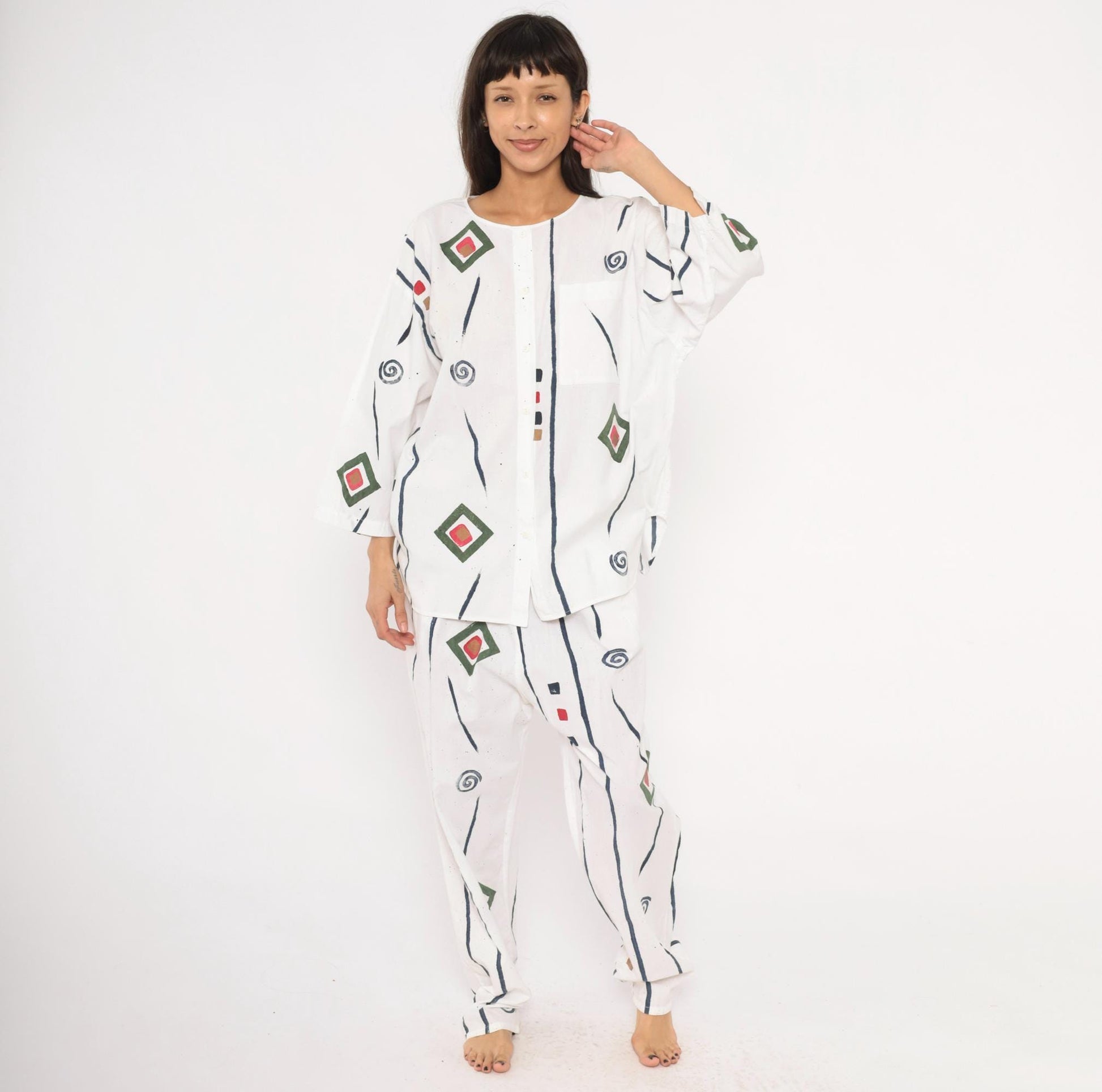 90s Allegre Geometric Print Cotton Two Piece Set White Large L