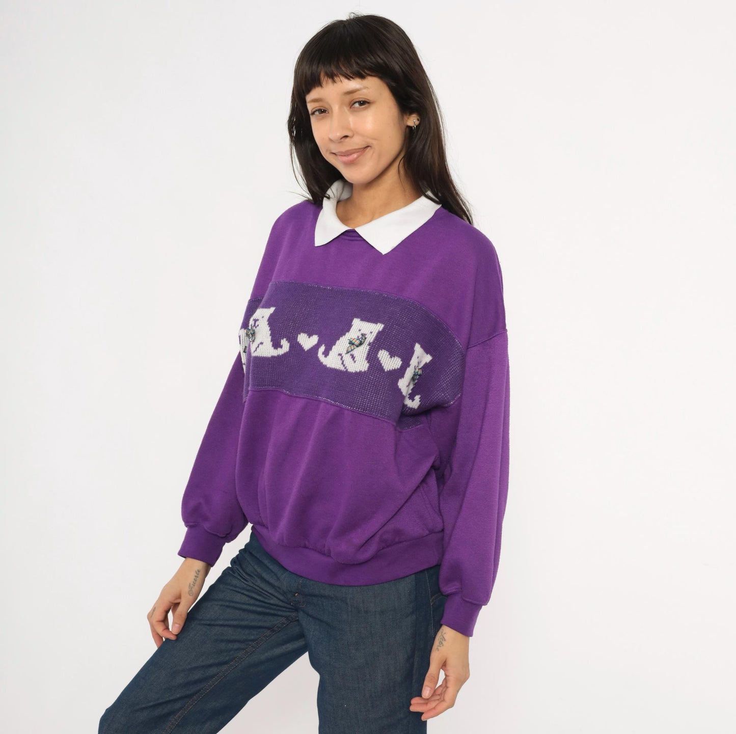90s Purple Cat Collared Sweatshirt White Collar Plaid Bow Heart Panel Plus Size 1X