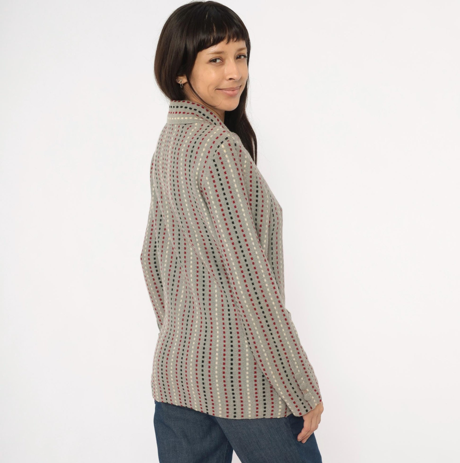 70s Damon Wool Cardigan Grey Dotted Stripe Burgundy Black Cream Medium M