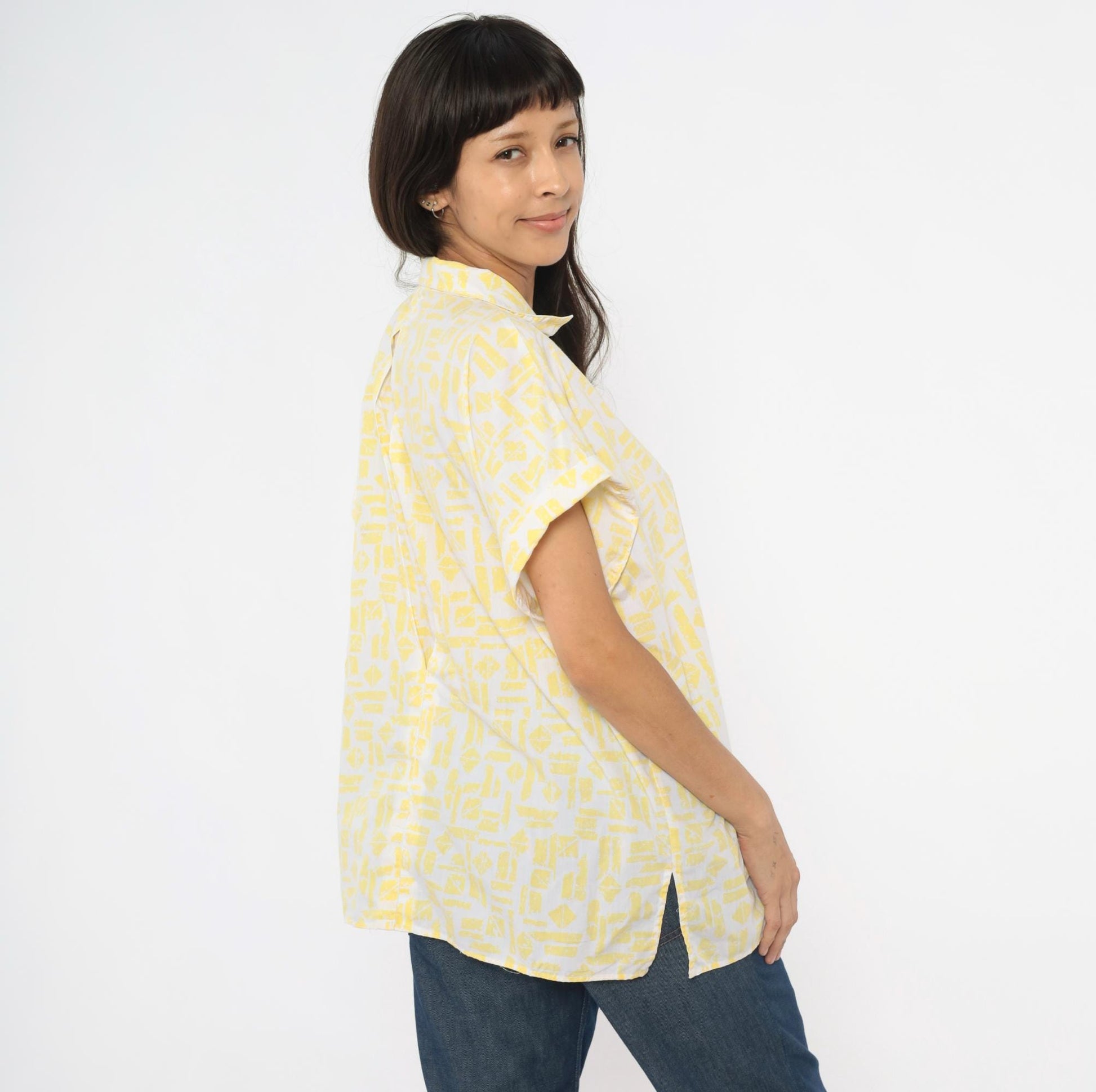 90s Golden Wings Abstract Geometric Shirt Yellow White Collared Blouse Large L