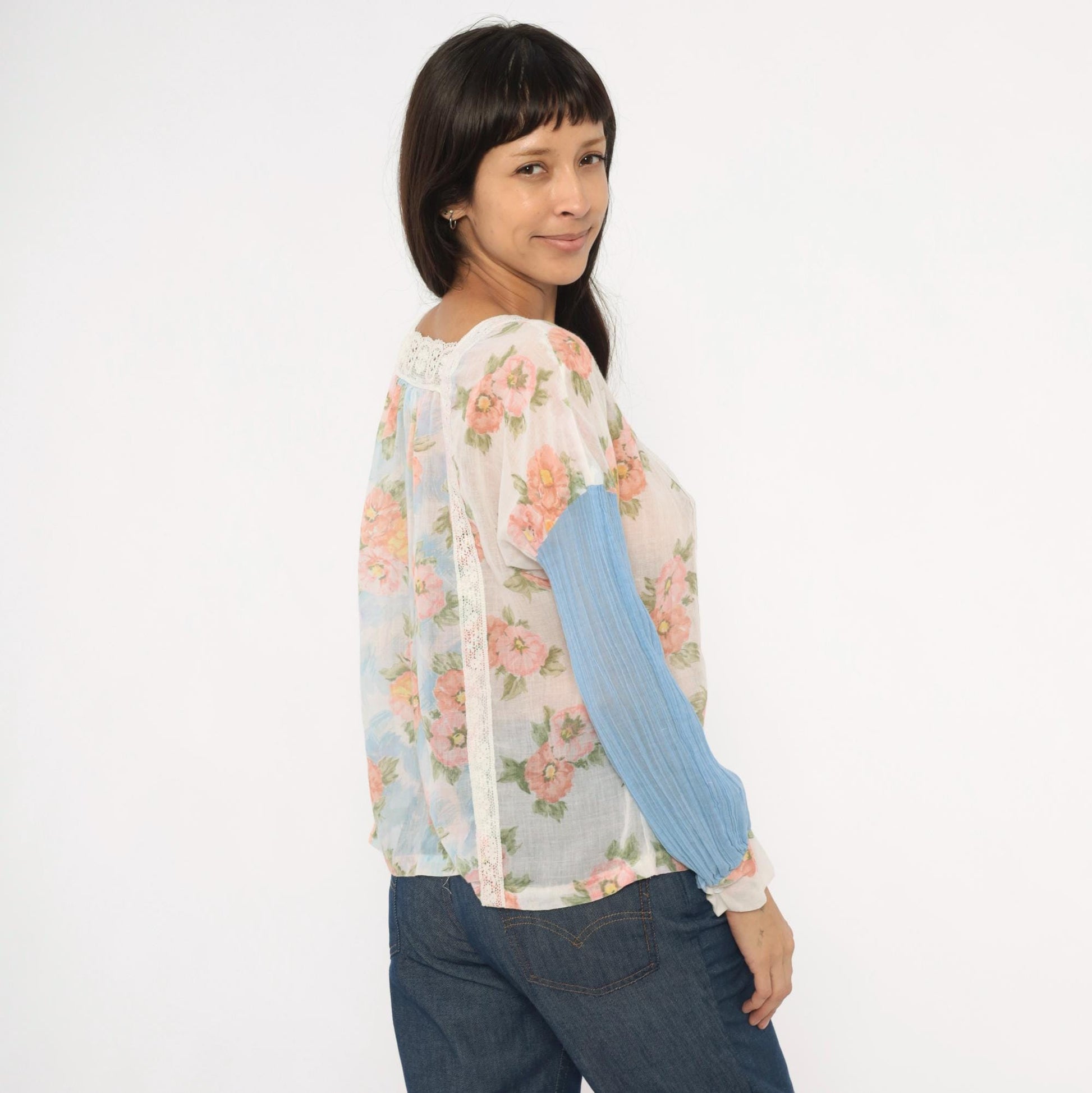 70s Arnelle of California Floral Peasant Blouse Pink Rose Cotton Gauze Medium