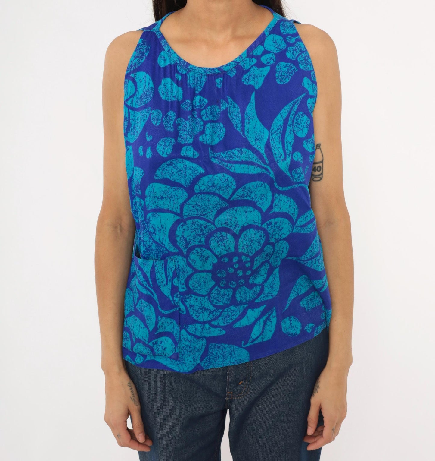 70s Batik Floral Tank Top Cobalt Teal Cotton Scoop Neck Medium M