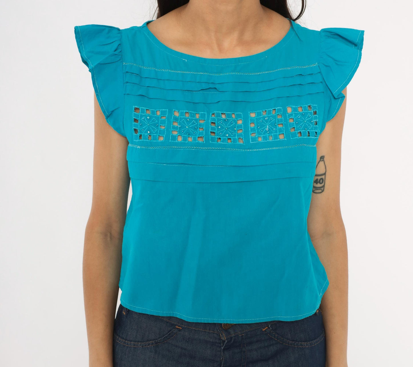90s Teal Cutwork Cotton Blouse Flutter Cap Sleeve Crop Extra Small XS