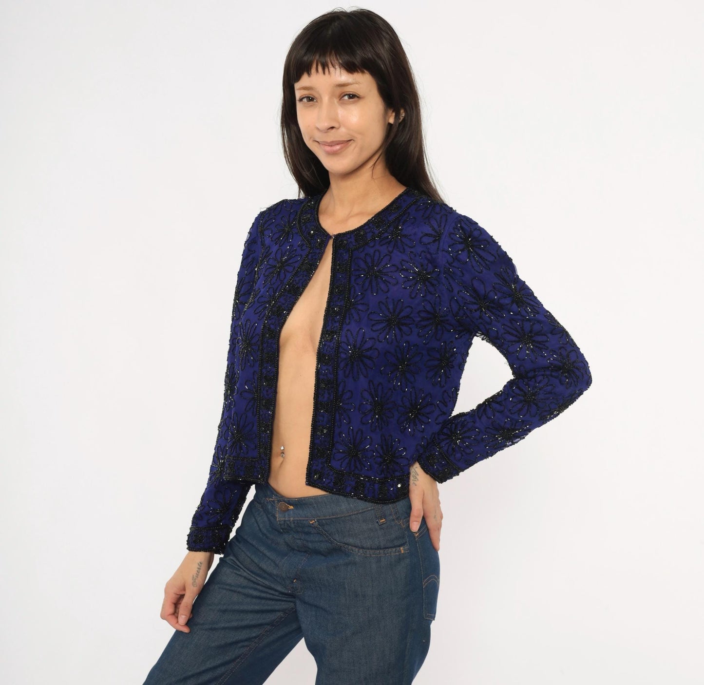 90s Stenay Silk Cropped Jacket Navy Beaded Floral Sequin Small