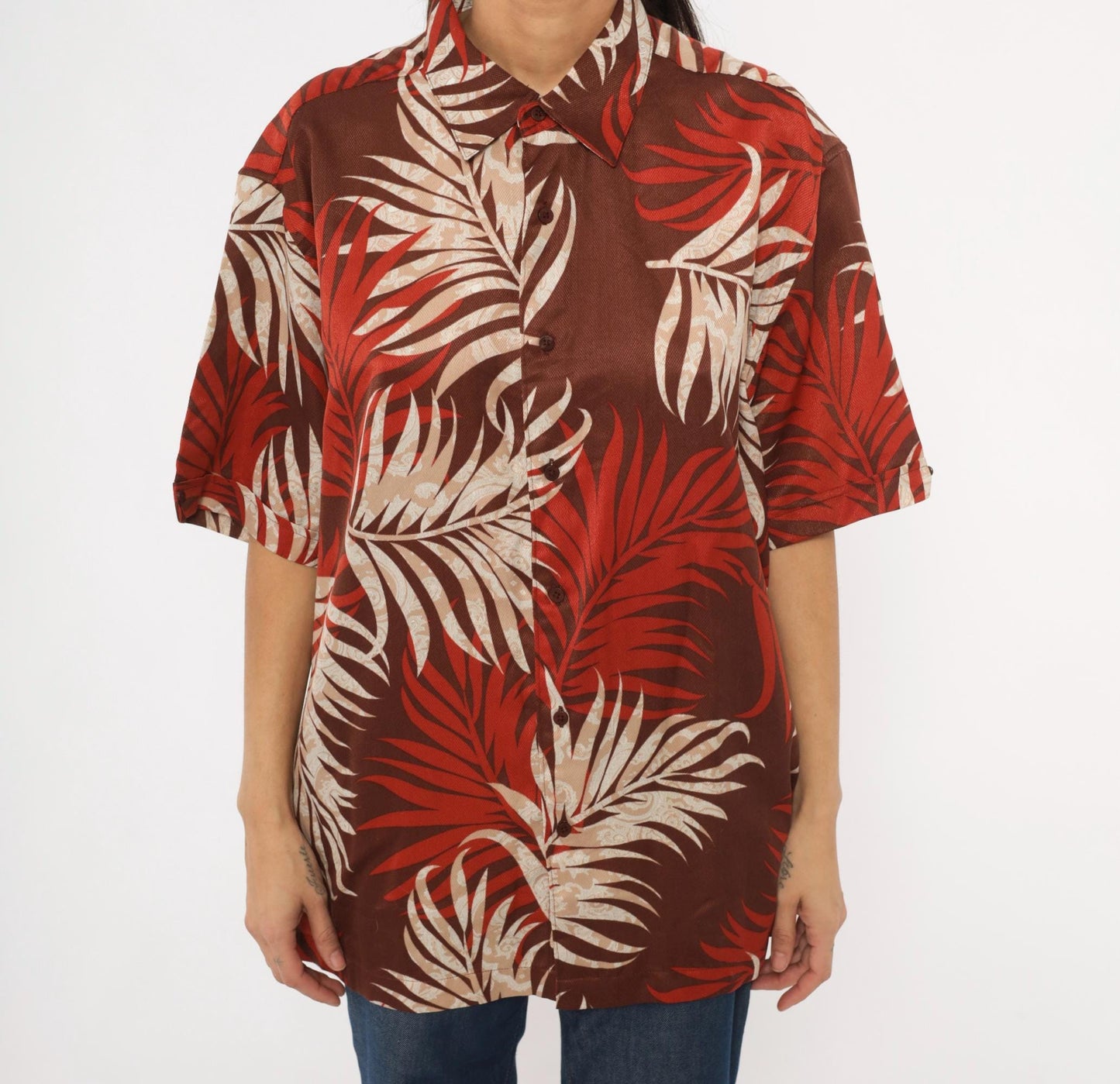 Y2K Havanera Hawaiian Shirt Palm Frond Print Rust Brown Cream Extra Large XL