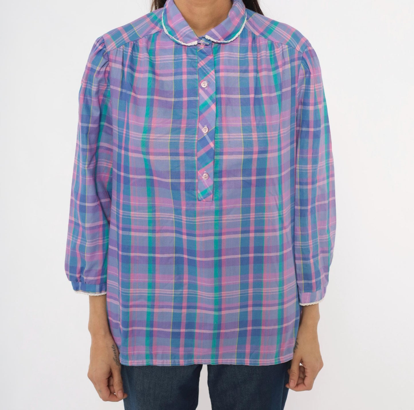 80s Maggie Sweet Plaid Puff Sleeve Blouse Peter Pan Collar Purple Teal Large