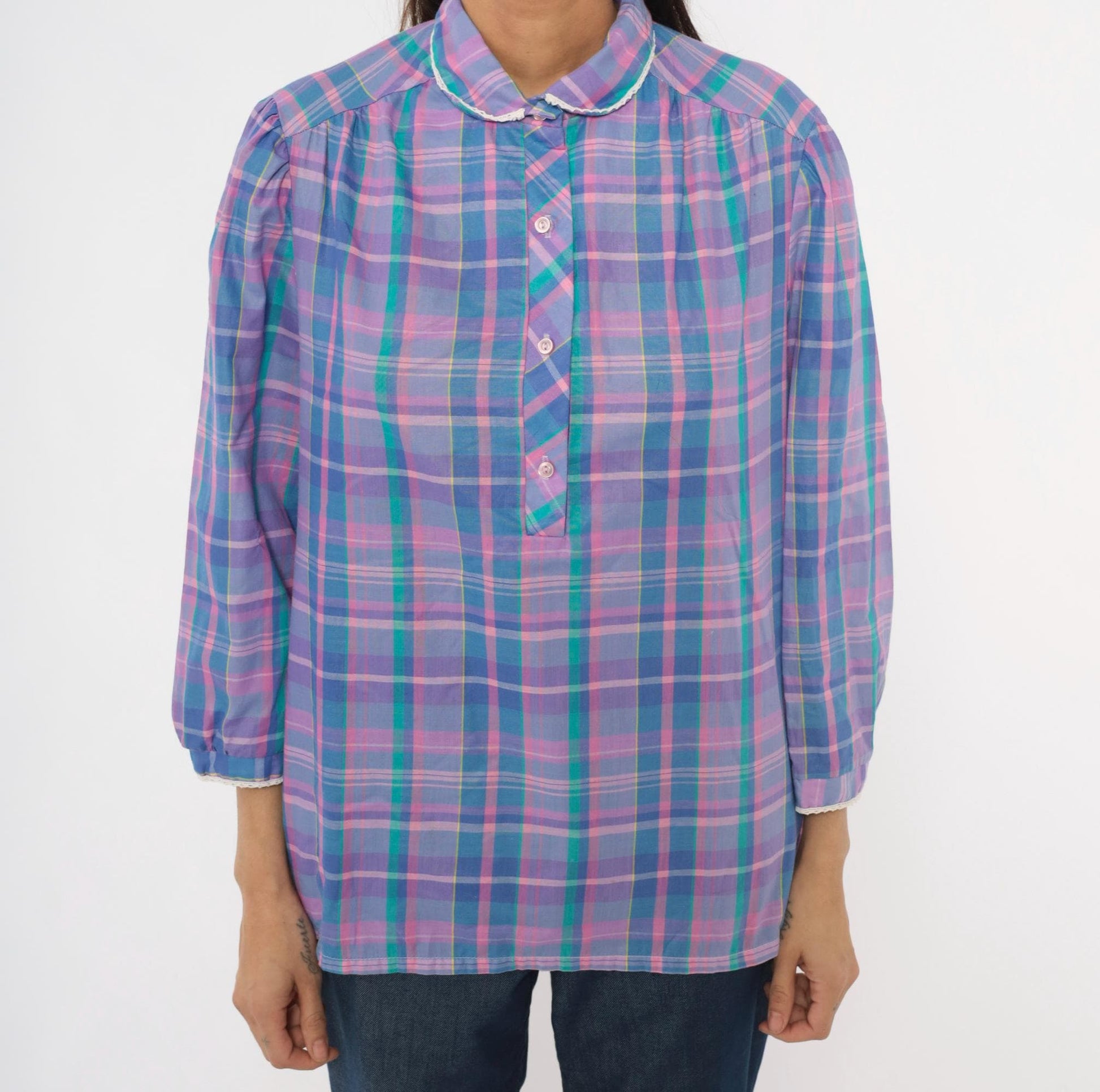 80s Maggie Sweet Plaid Puff Sleeve Blouse Peter Pan Collar Purple Teal Large
