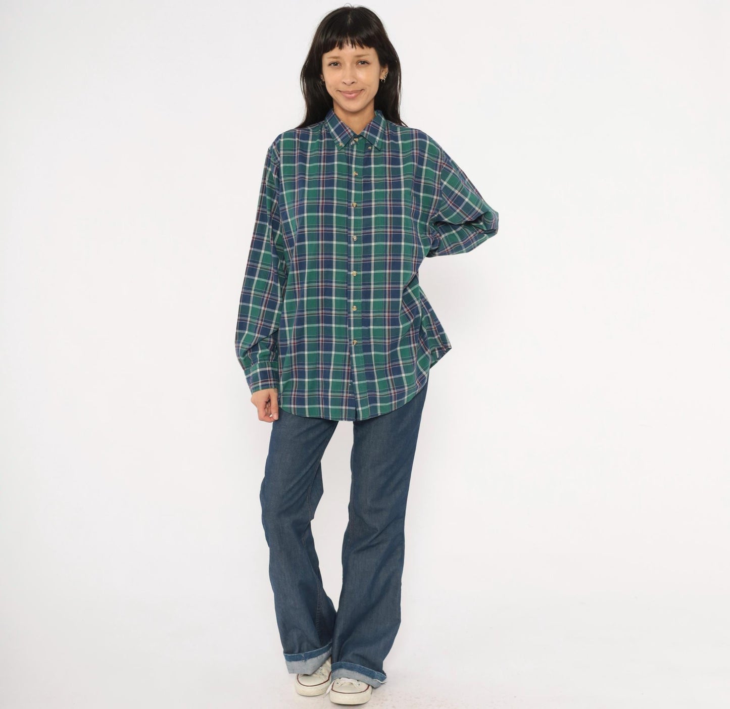80s McGregor Plaid Flannel Button-Down Shirt Forest Green Navy Tartan Large L