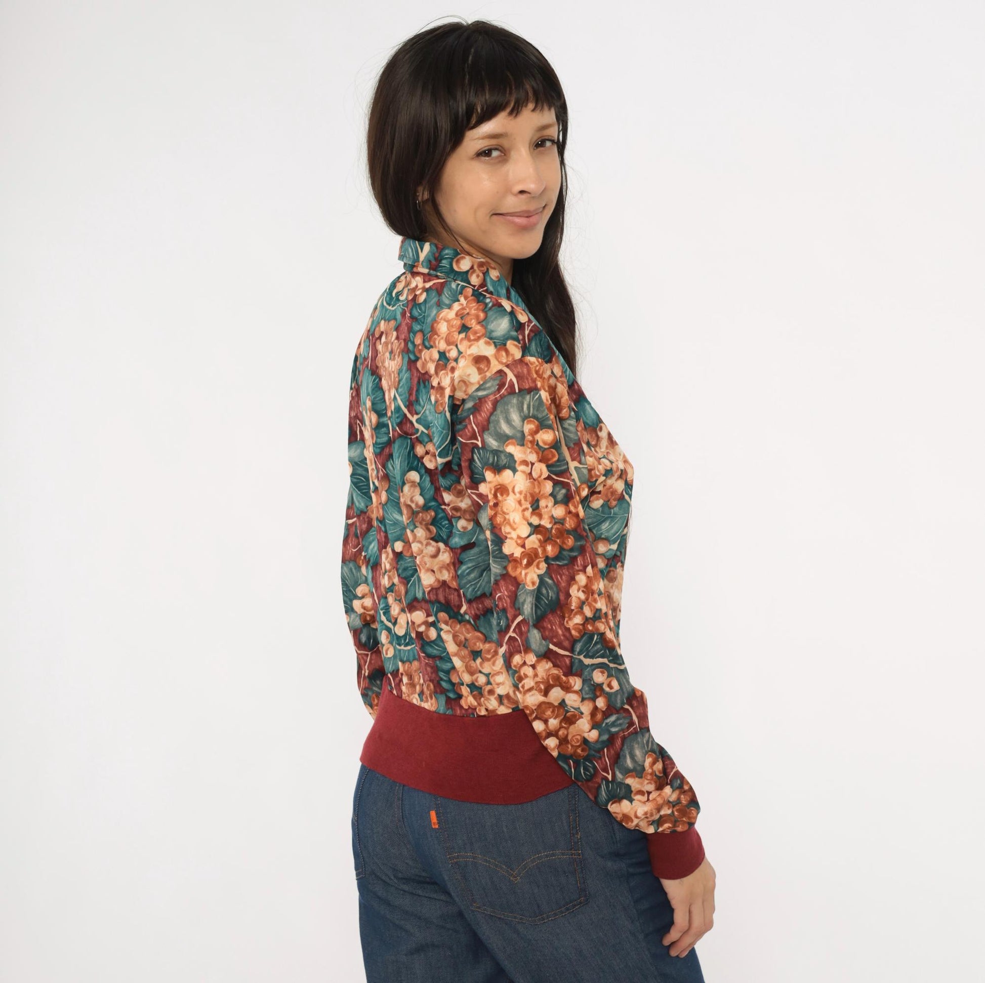 70s Grape Vine Button Blouse Burgundy Teal Pointed Collar Long Sleeve Medium