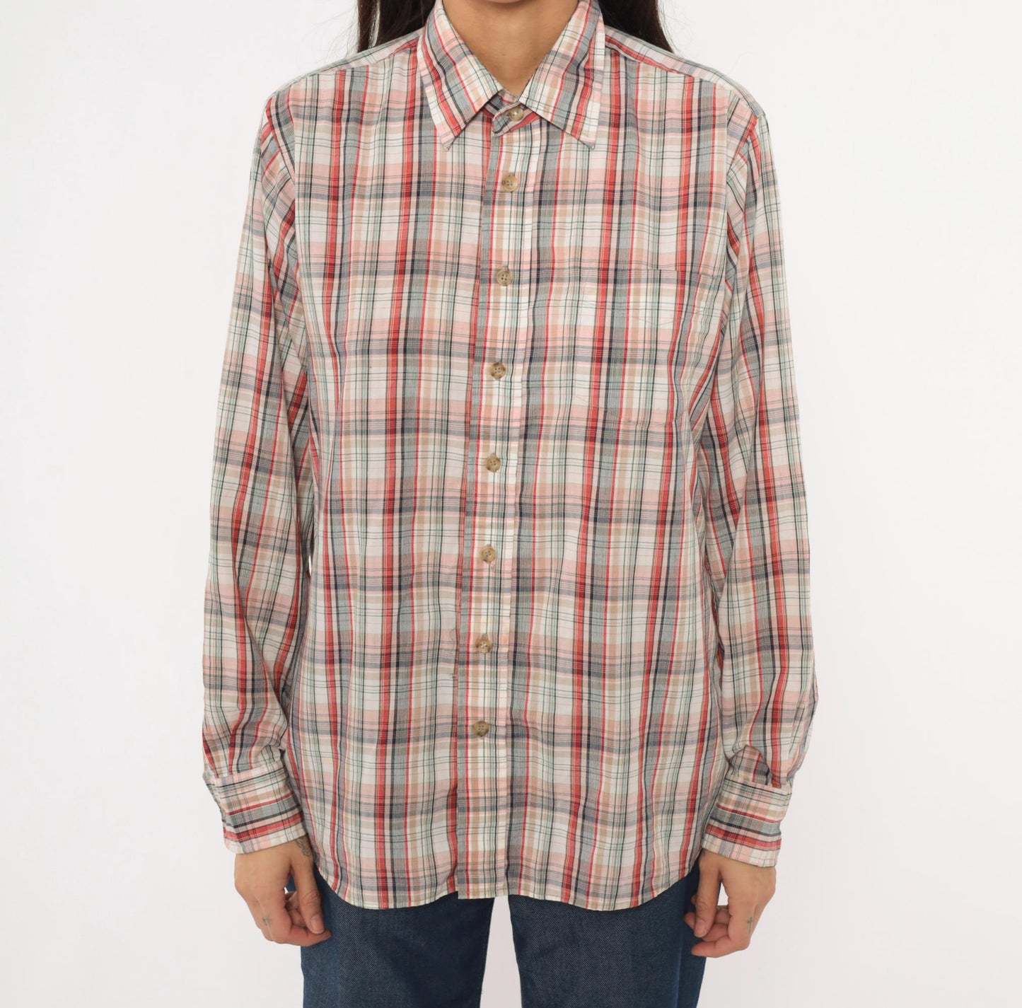 80s New York Sportswear Exchange Plaid Button-Up Shirt Cream Burgundy Medium