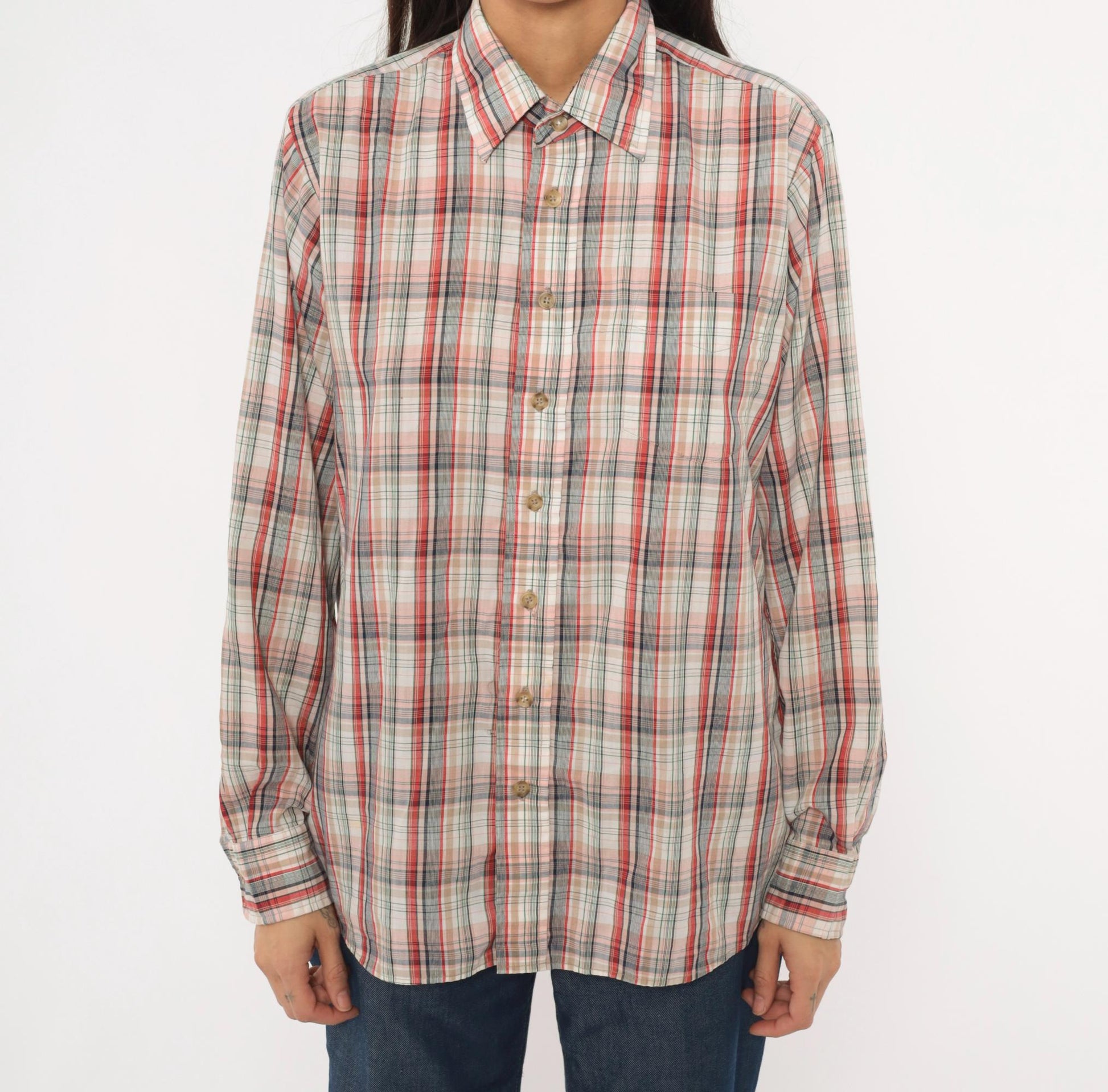 80s New York Sportswear Exchange Plaid Button-Up Shirt Cream Burgundy Medium