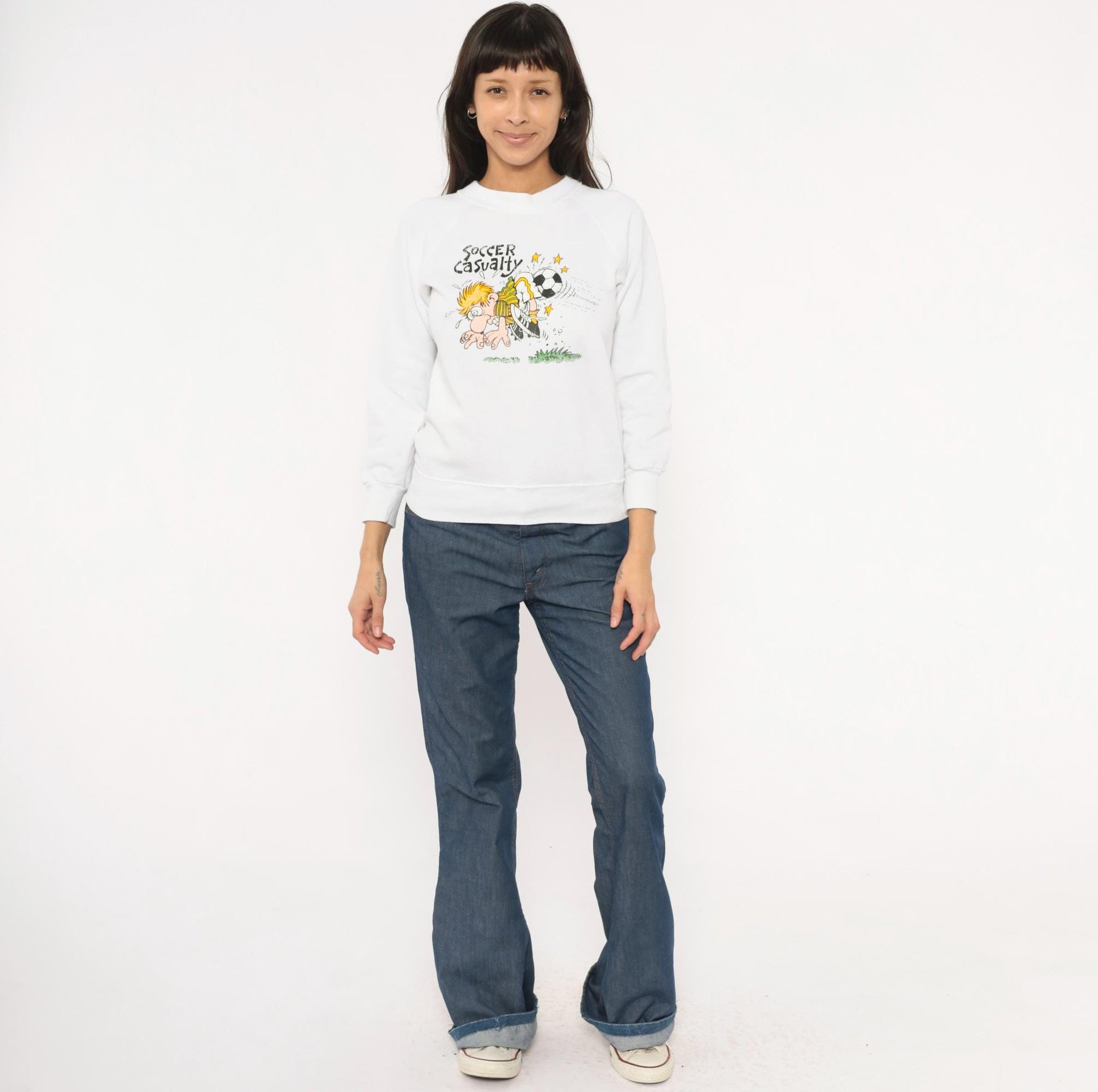 90s Soccer Casualty Cartoon Graphic Raglan Sweatshirt White Cotton Extra Small XS
