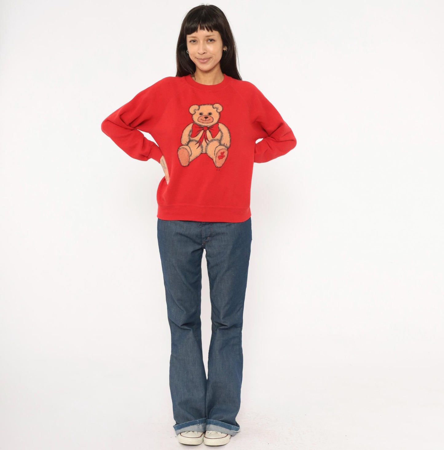 80s Teddy Bear Red Raglan Sweatshirt Graphic Crewneck Hearts Bow Medium M