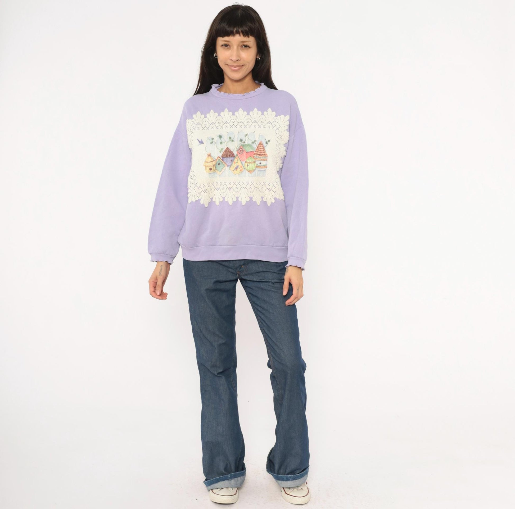 90s Tultex Lavender Birdhouse Applique Sweatshirt Ruffled Crewneck Large L