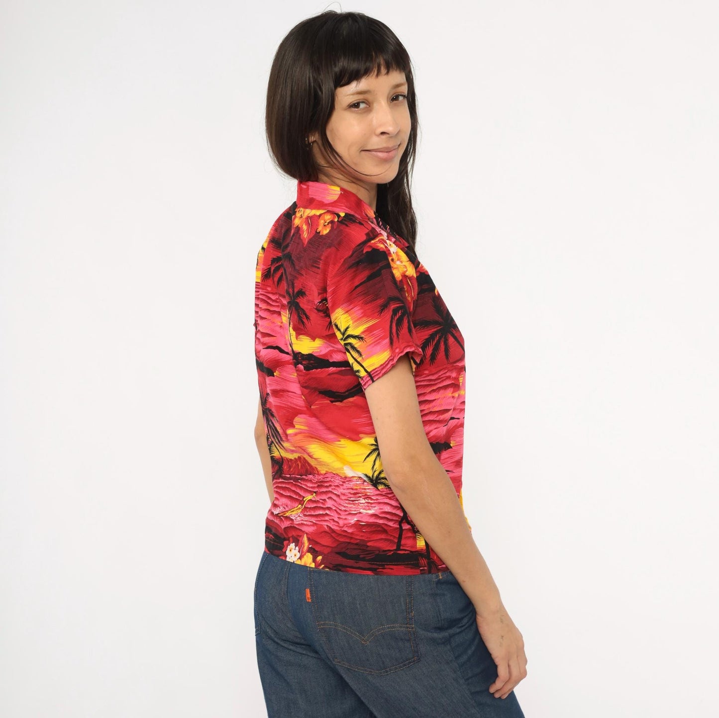 90s Palmwave Hawaii Camp Collar Shirt Red Pink Tropical Palm Tree Cotton Medium