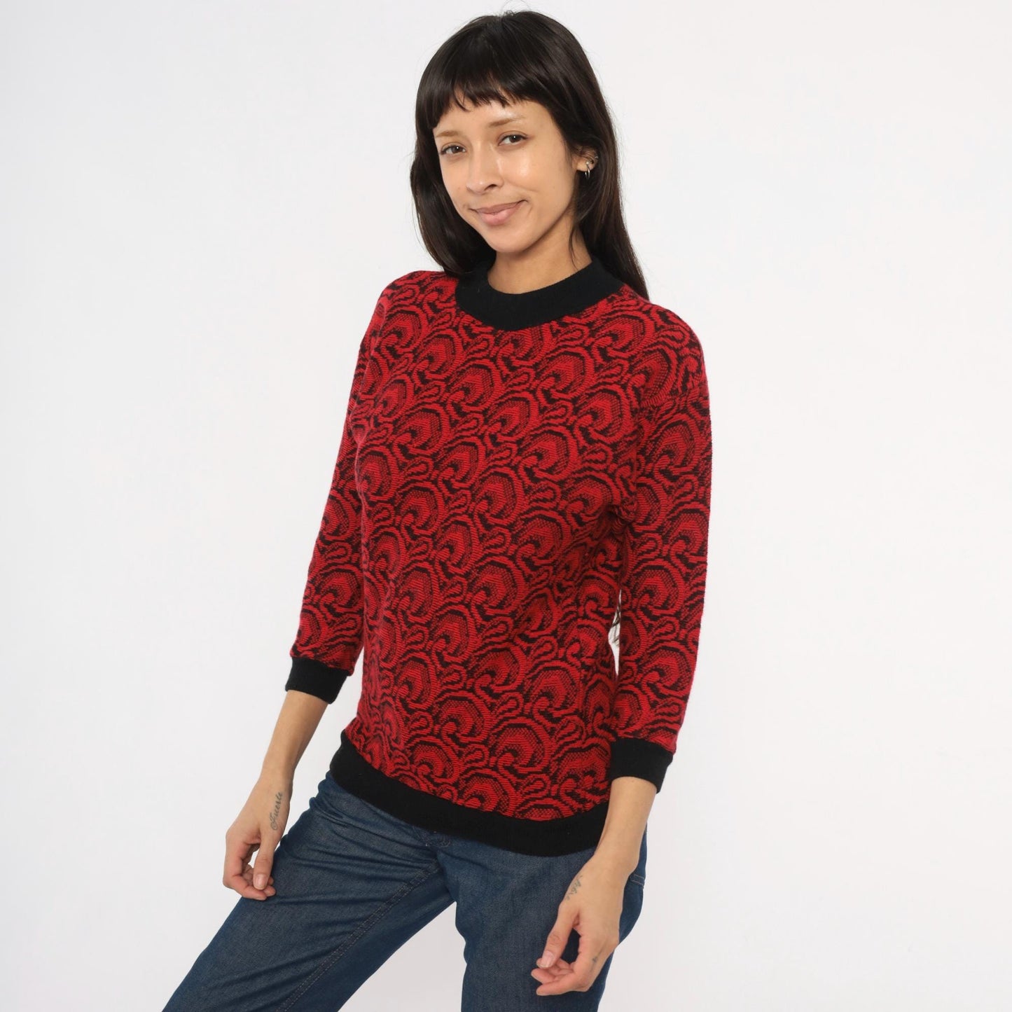 80s Down Side Up Jacquard Swirl Sweater Red Black Crew Neck Extra Small XS