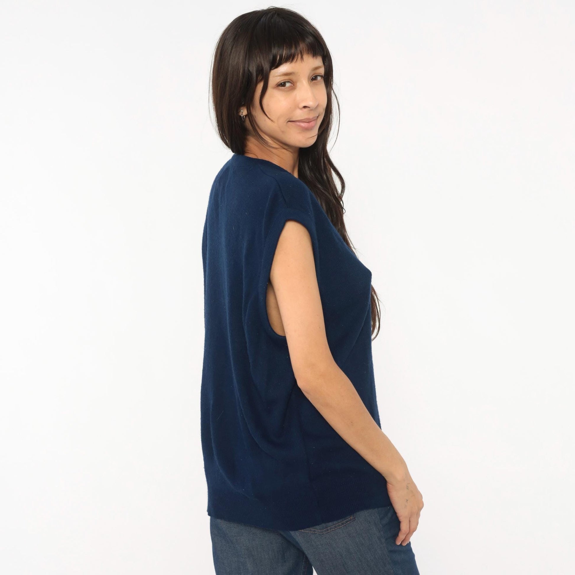 80s Janzen Navy Sweater Vest V-Neck Knit Sleeveless Pullover Extra Large XL