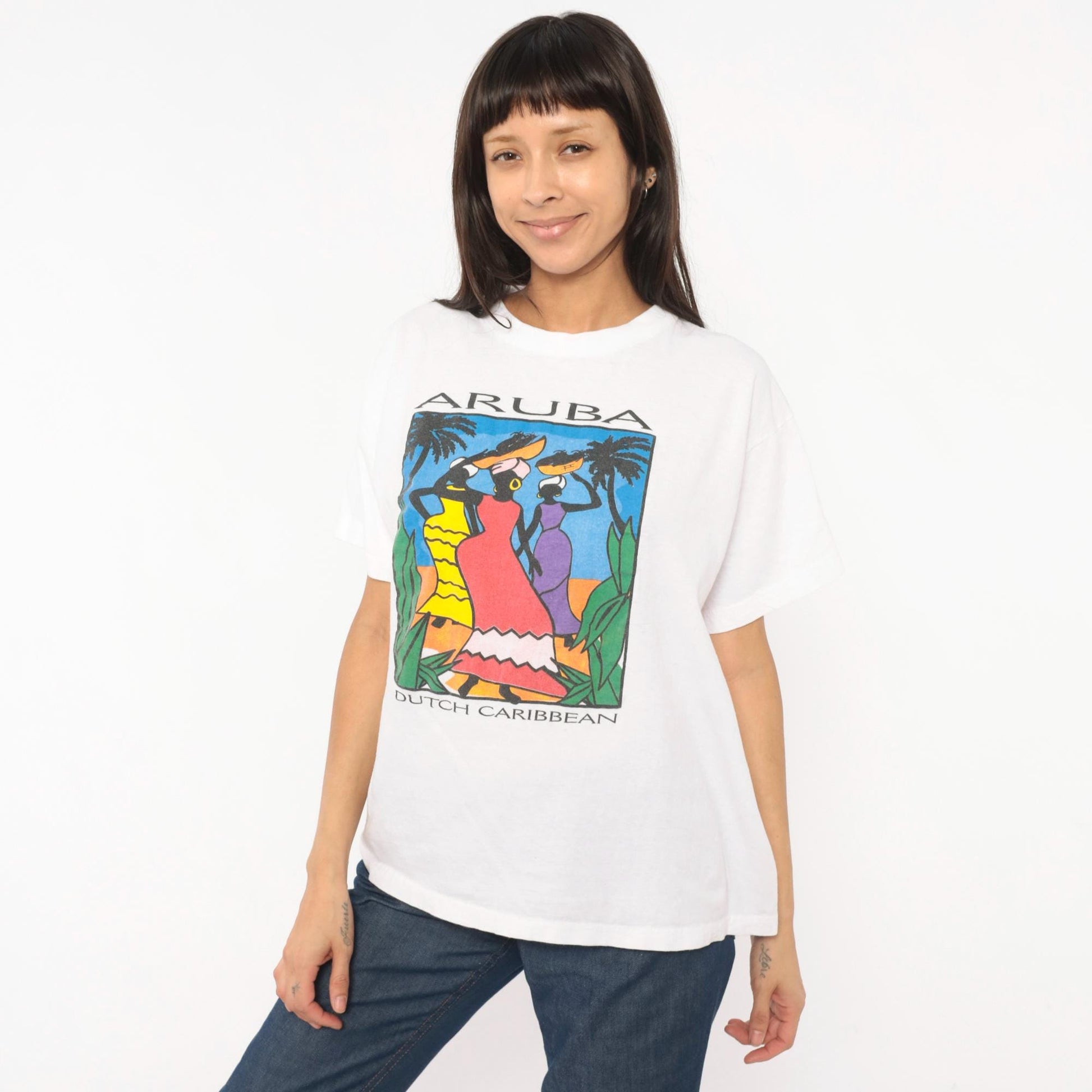 90s Aruba Paradise Island Souvenir Tee White Cotton Graphic Large L