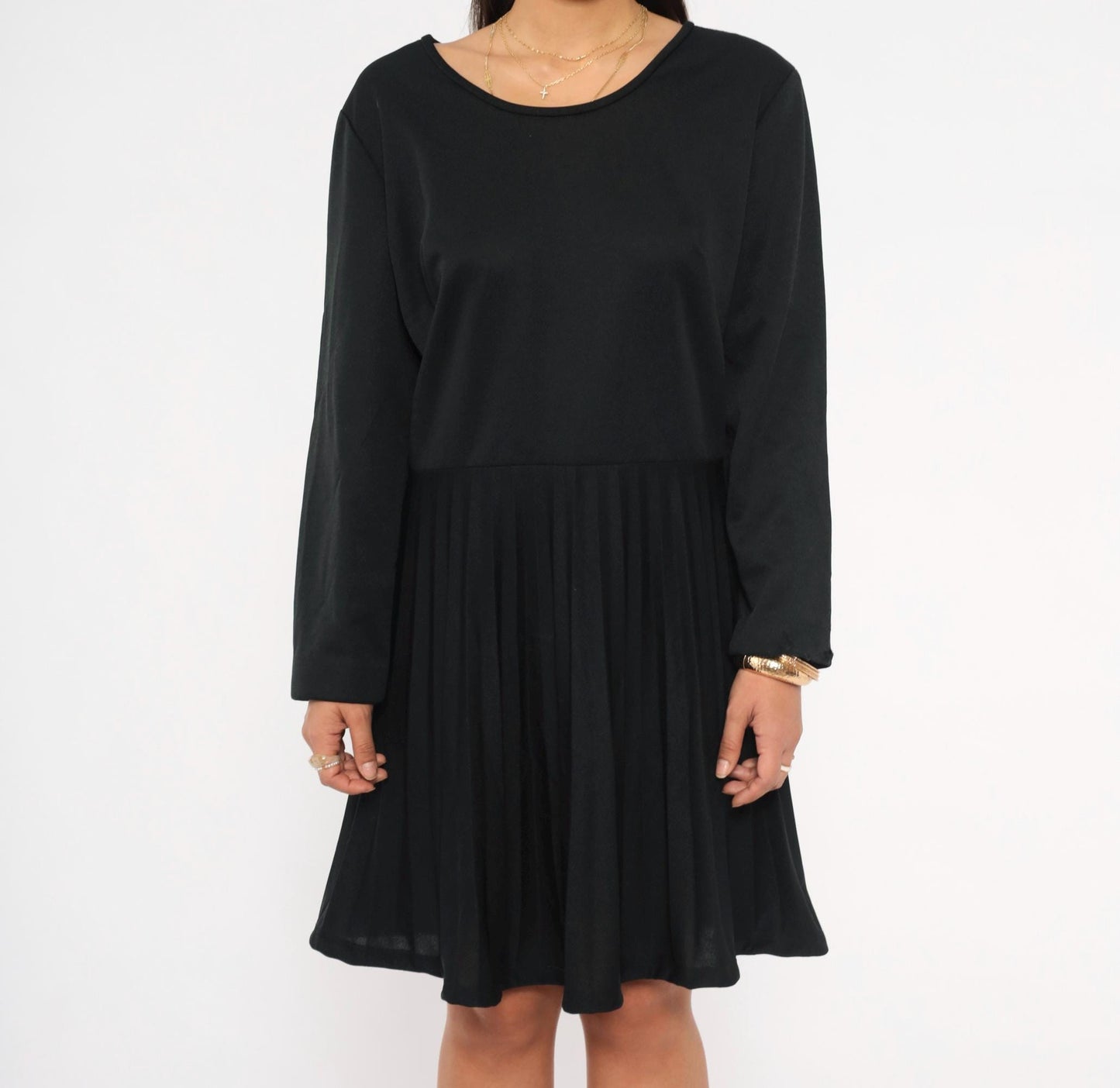 70s Black Pleated A-Line Dress Long Sleeve Drop Waist Scoop Neck Large L