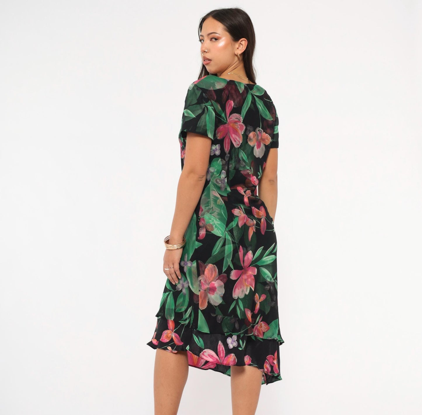 90s Donna Ricco Silk Dress Tropical Floral Black Cowl Neck Layered Hem Medium M