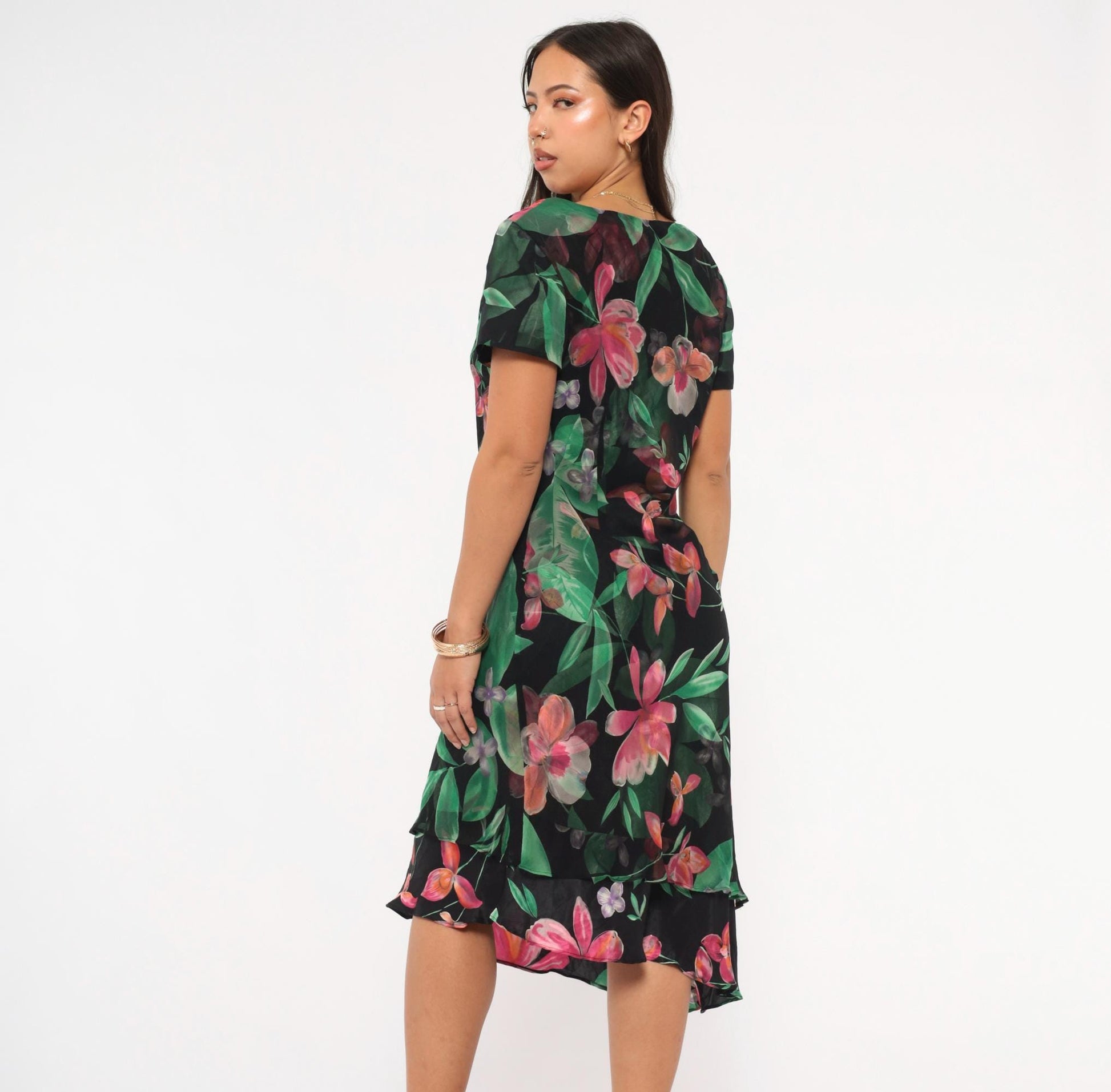 90s Donna Ricco Silk Dress Tropical Floral Black Cowl Neck Layered Hem Medium M