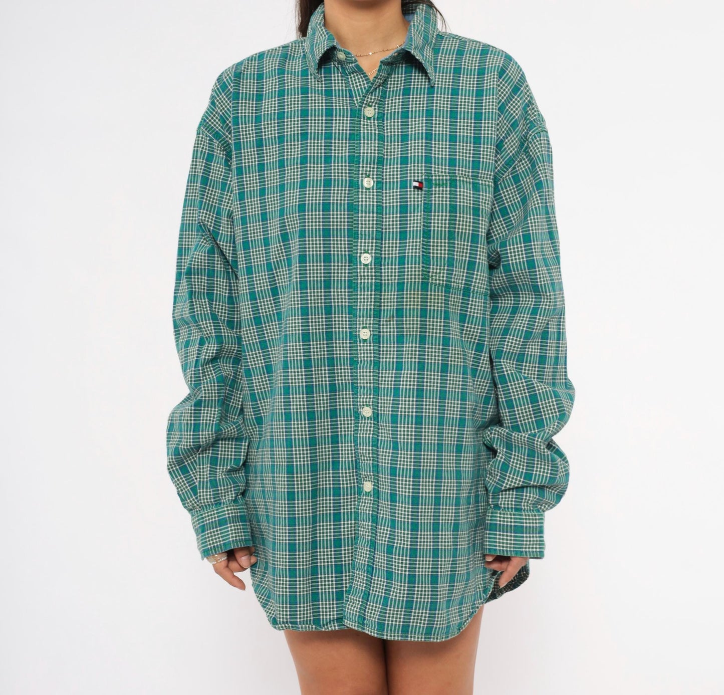 Y2K Tommy Jeans Plaid Flannel Shirt Teal Cotton Button-Up Extra Large