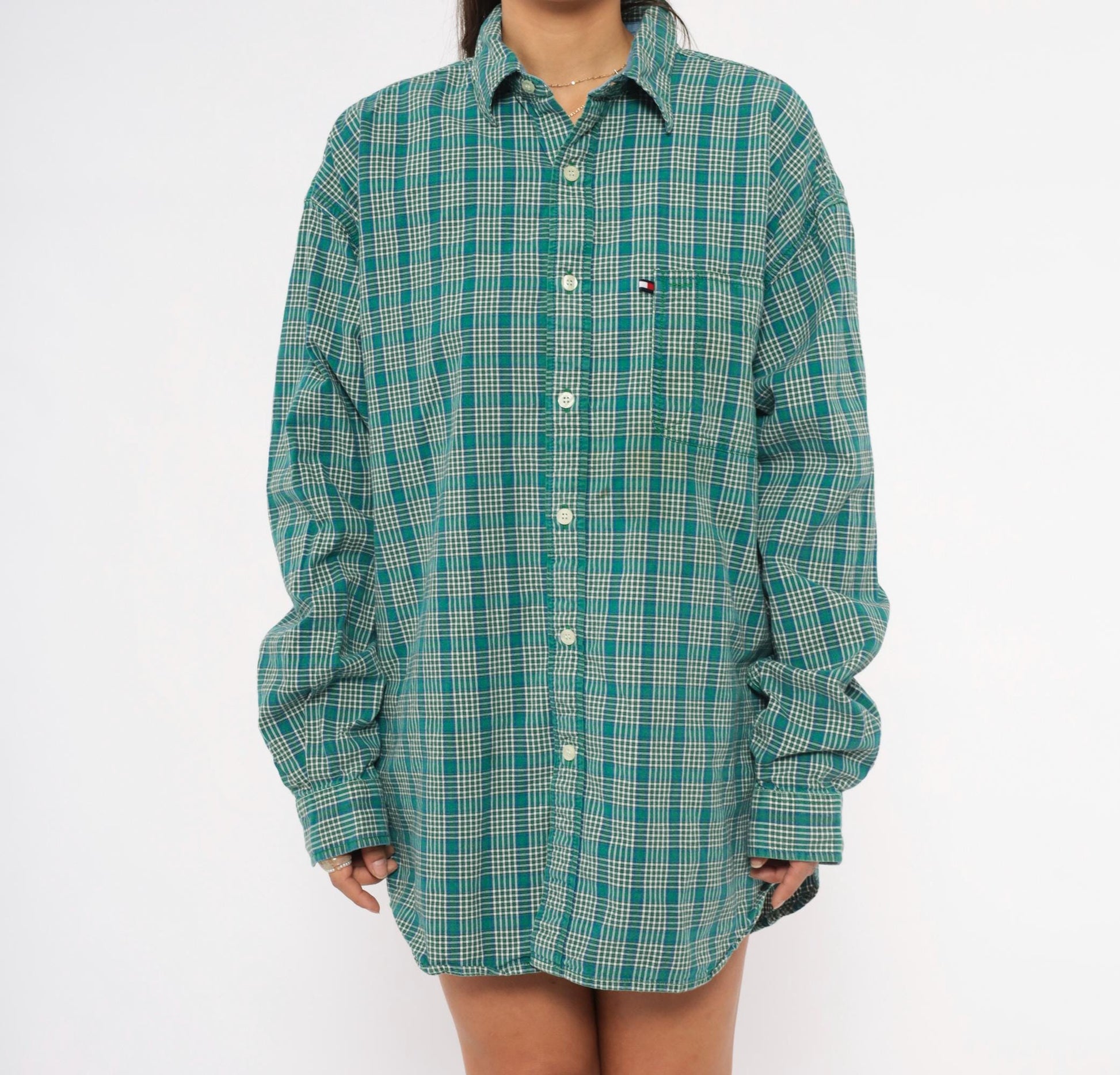 Y2K Tommy Jeans Plaid Flannel Shirt Teal Cotton Button-Up Extra Large