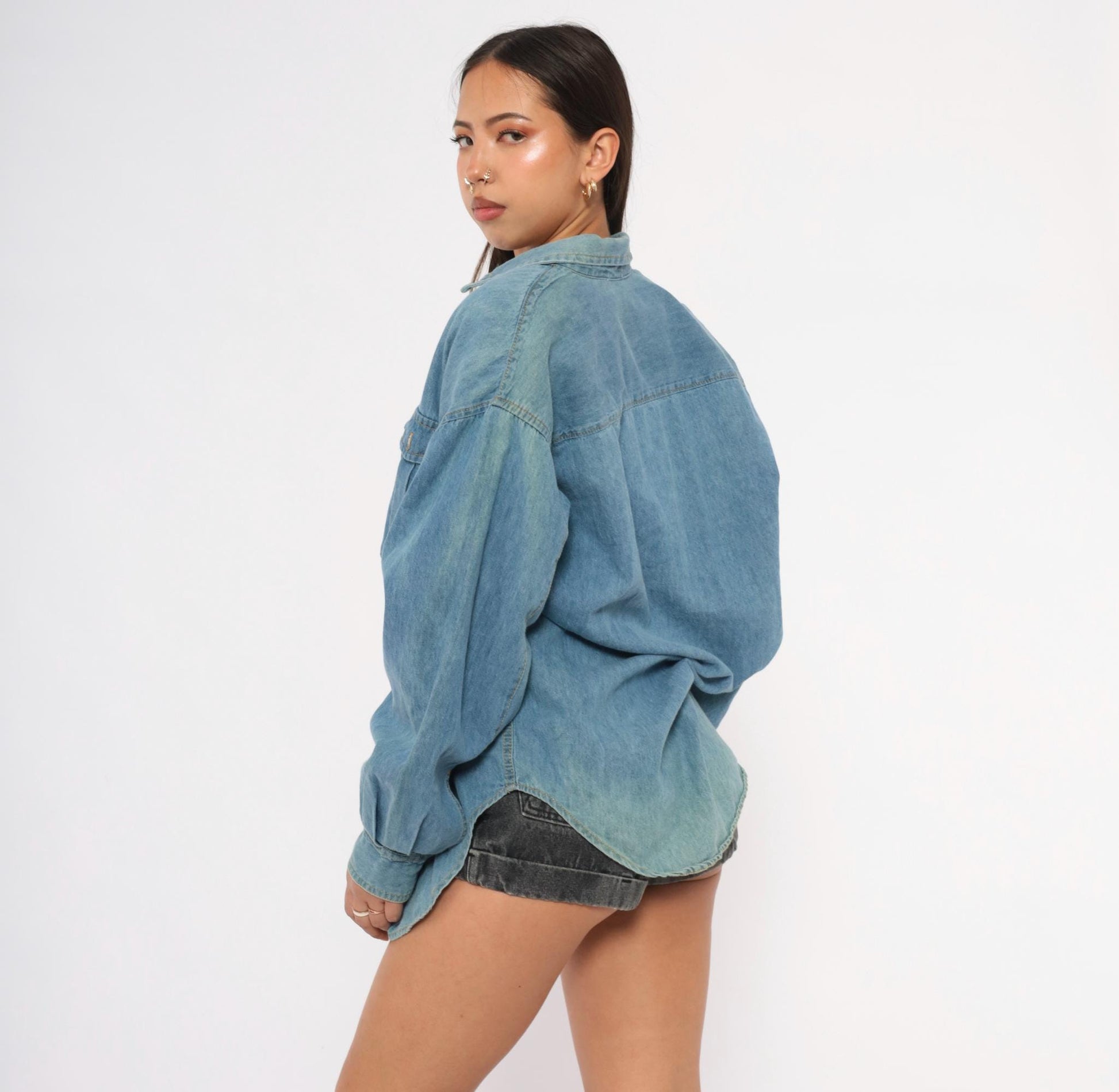90s Mississippi River Blues Denim Shirt Light Wash Cotton Chambray Medium M