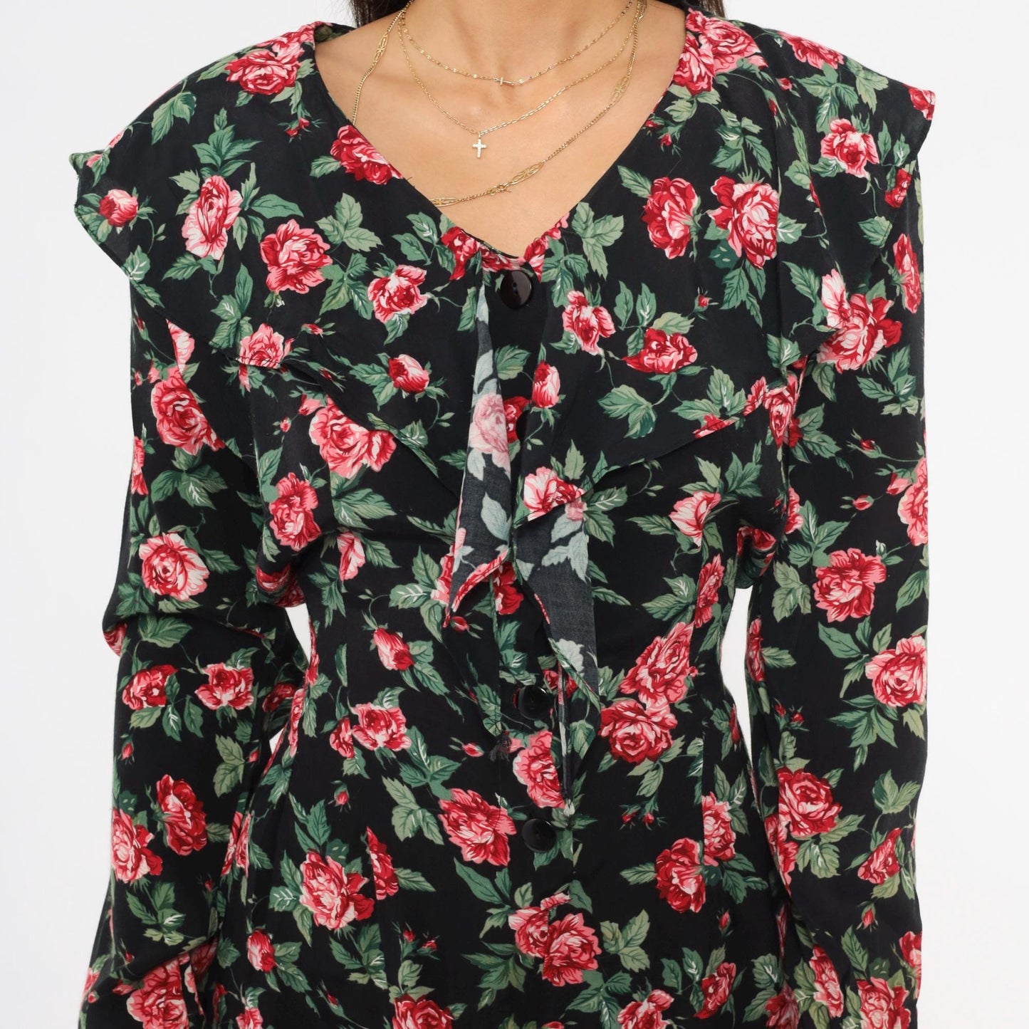 90s Rampage Rose Print Mini Dress Black Floral V-Neck Ruffle Long Sleeve Small