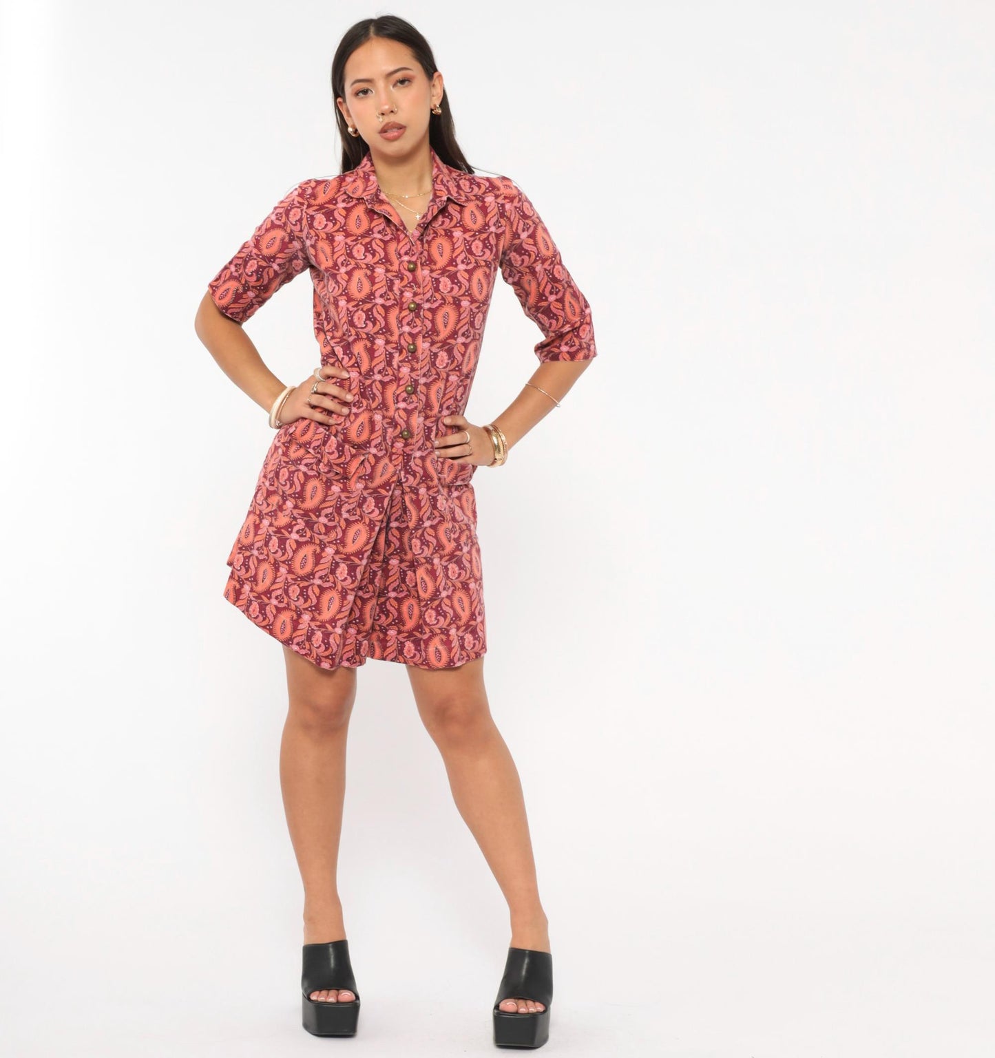 70s Paisley Romper Playsuit Cotton Jumpsuit Rose Coral Floral Mini XS