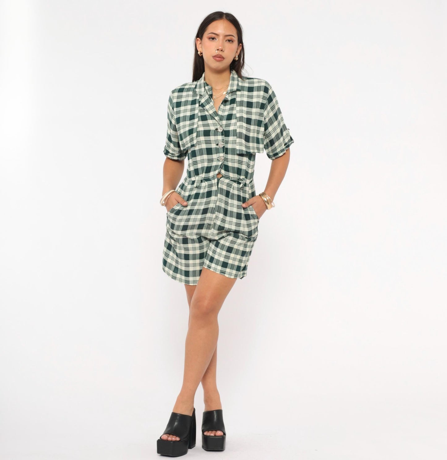 90s Scarlett Green Plaid Romper Button Front Rolled Cuff Small S