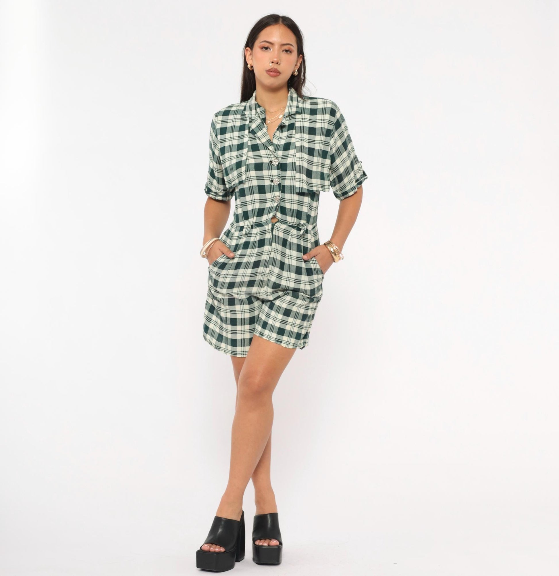 90s Scarlett Green Plaid Romper Button Front Rolled Cuff Small S