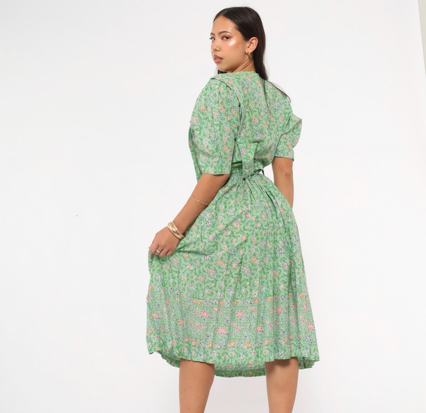 70s Jane Schaffhausen Floral Midi Dress Puff Sleeve Cotton Green Botanical Medium M