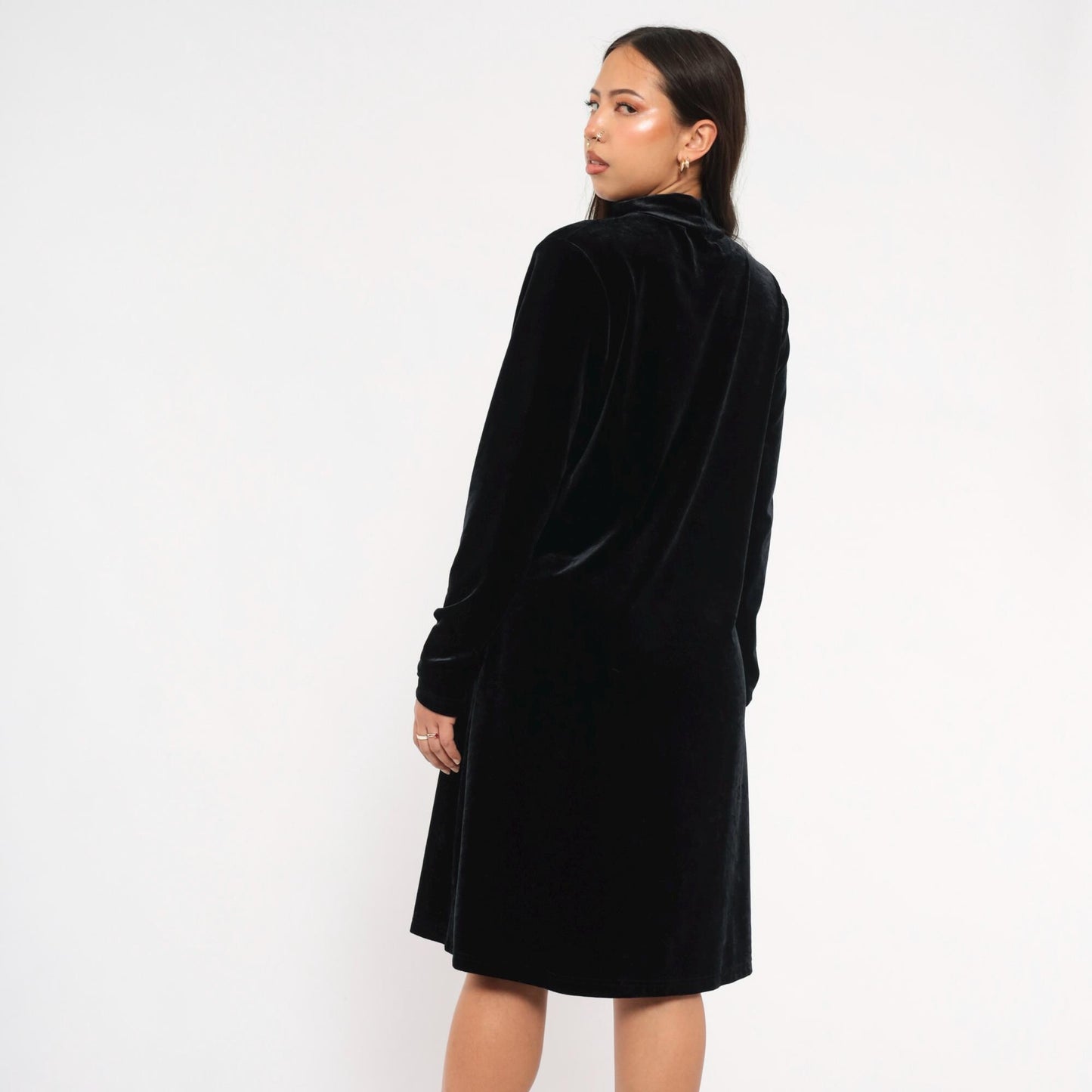 90s Jacqueline Ferrar Black Velvet Swing Dress Mock Neck Long Sleeve Large L