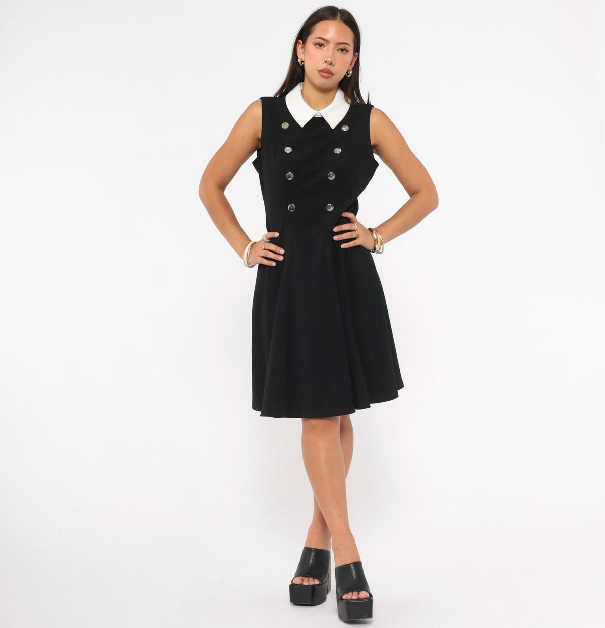 Y2K Tommy Hilfiger Black Mini Dress Double Breasted White Collar Medium M